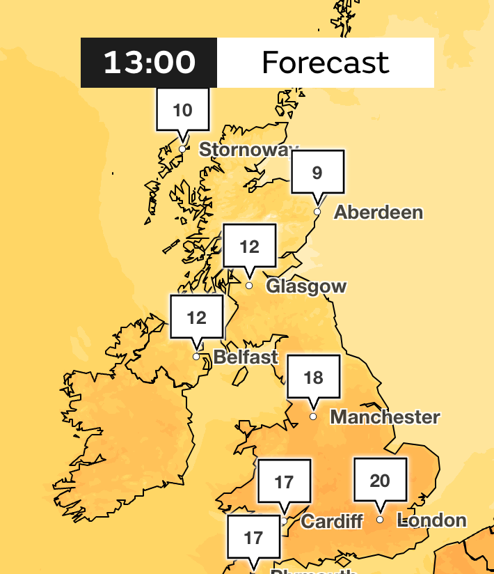 It is at 1pm when temperatures in the UK are set to really start heating up on Thursday