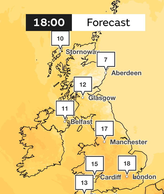 Then at around 6pm temperatures across the UK are forecast to start cooling off again