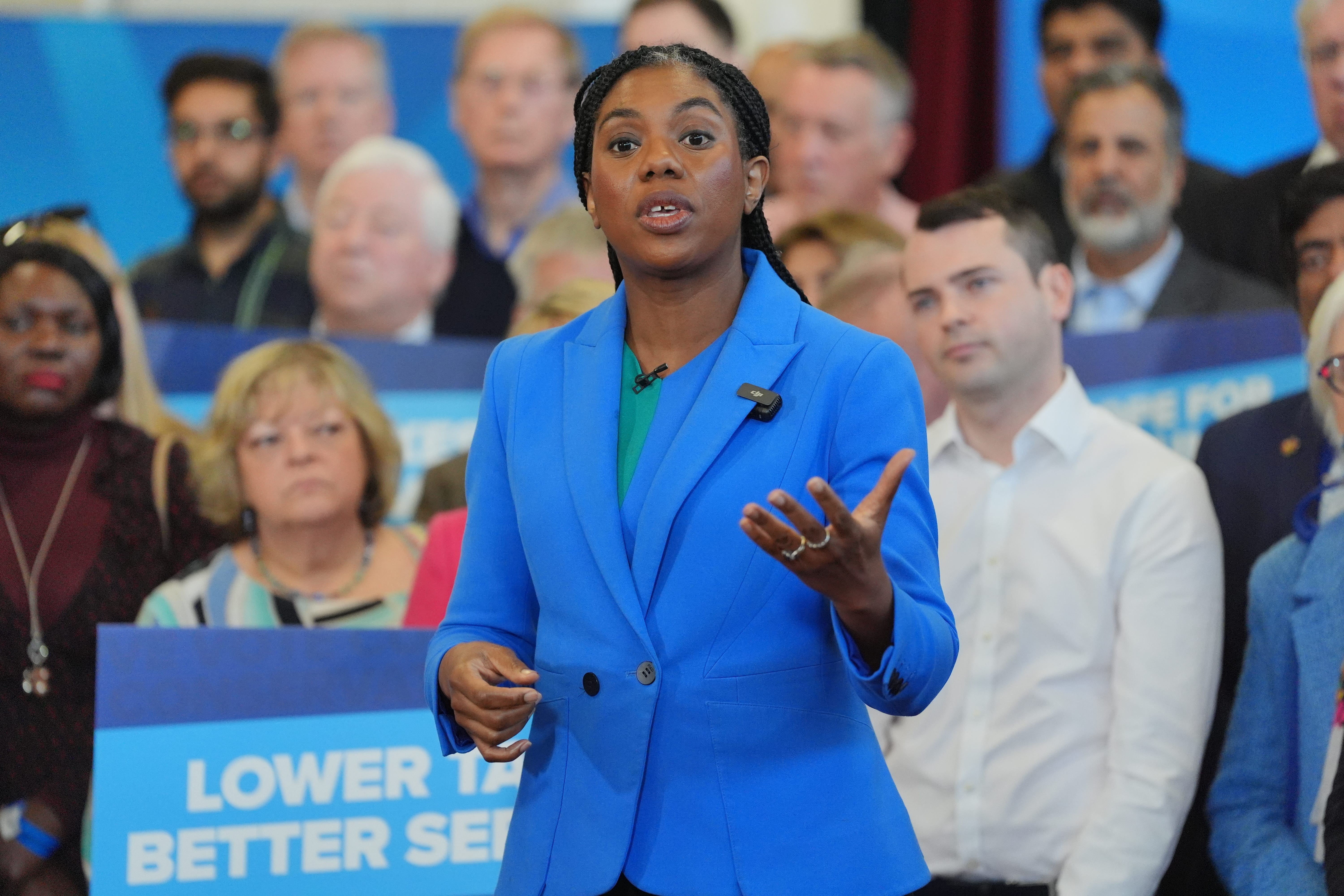 Conservative Party leader Kemi Badenoch speaking at their local election campaign launch at The Curzon Centre in Beaconsfield, Buckinghamshire (Jonathan Brady/PA)