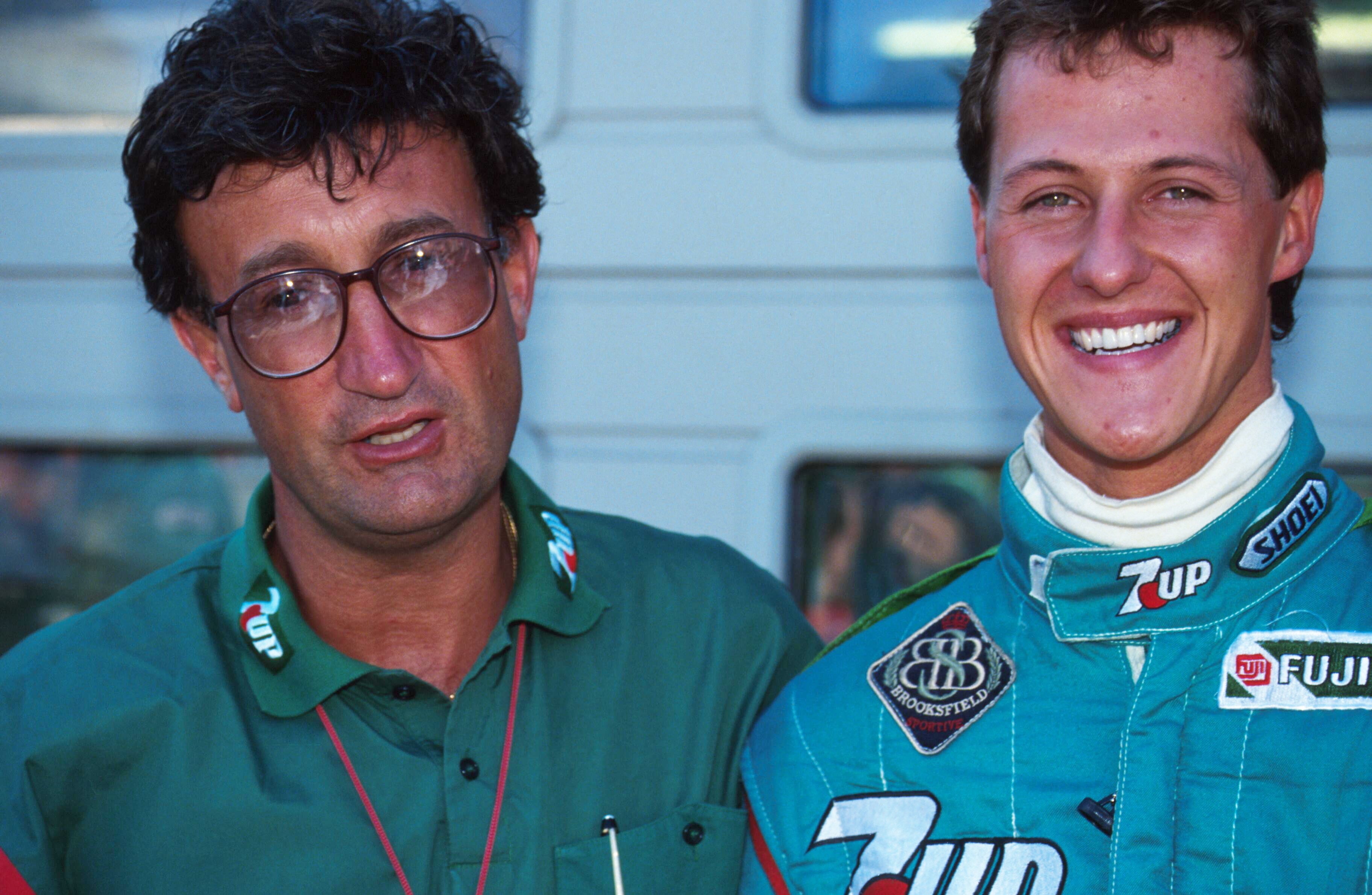 Eddie Jordan with Michael Schumacher, after the German's 7th place finish in his debut at the 1991 Belgian Grand Prix