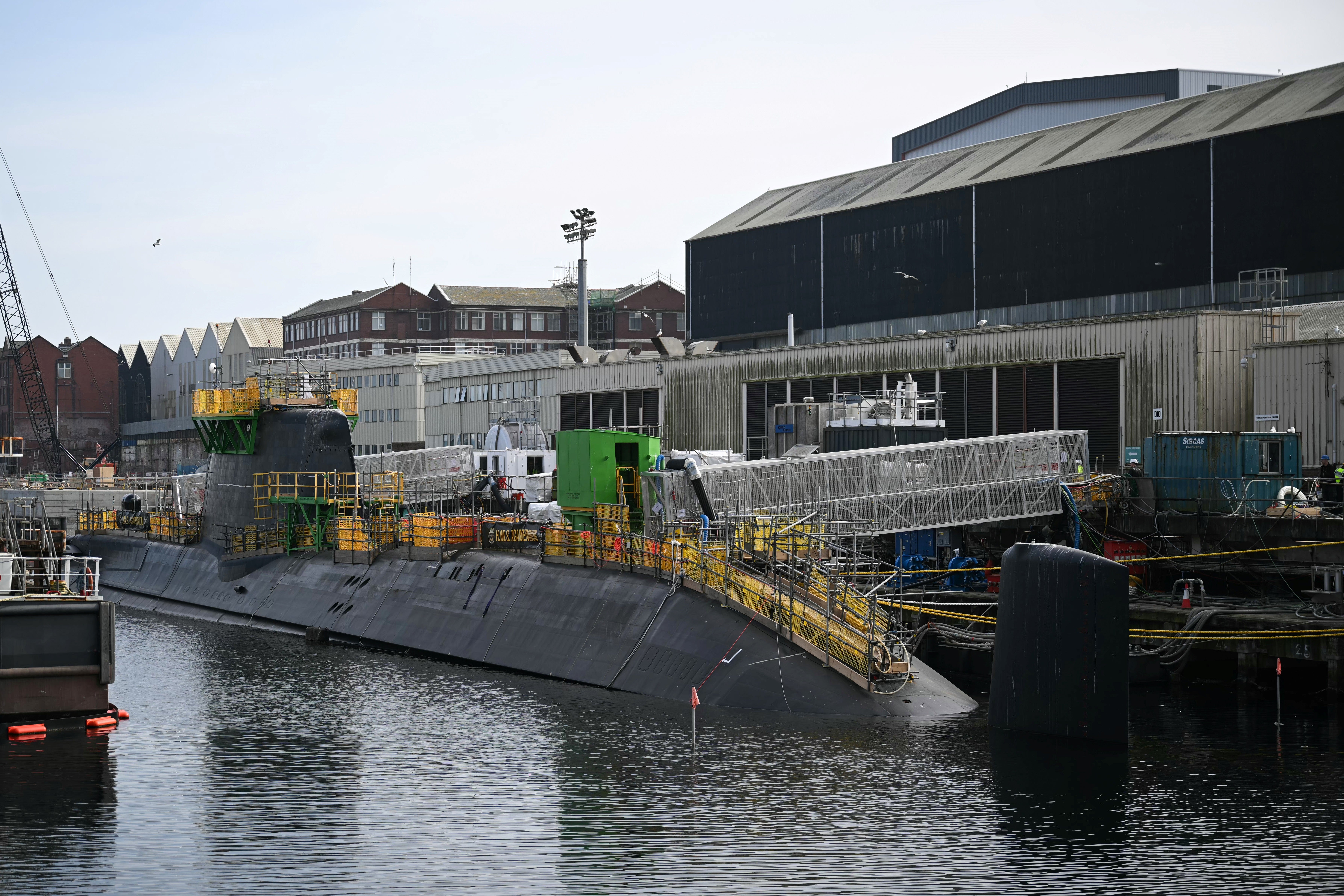 The HMS Agamemnon nuclear submarine seen docked at the BAE systems factory in Barrow-in-Furness
