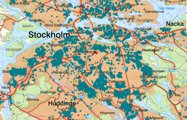 <p>Map shows civil defence shelters in the Stockholm area – there are around 64,000 shelters in Sweden </p>
