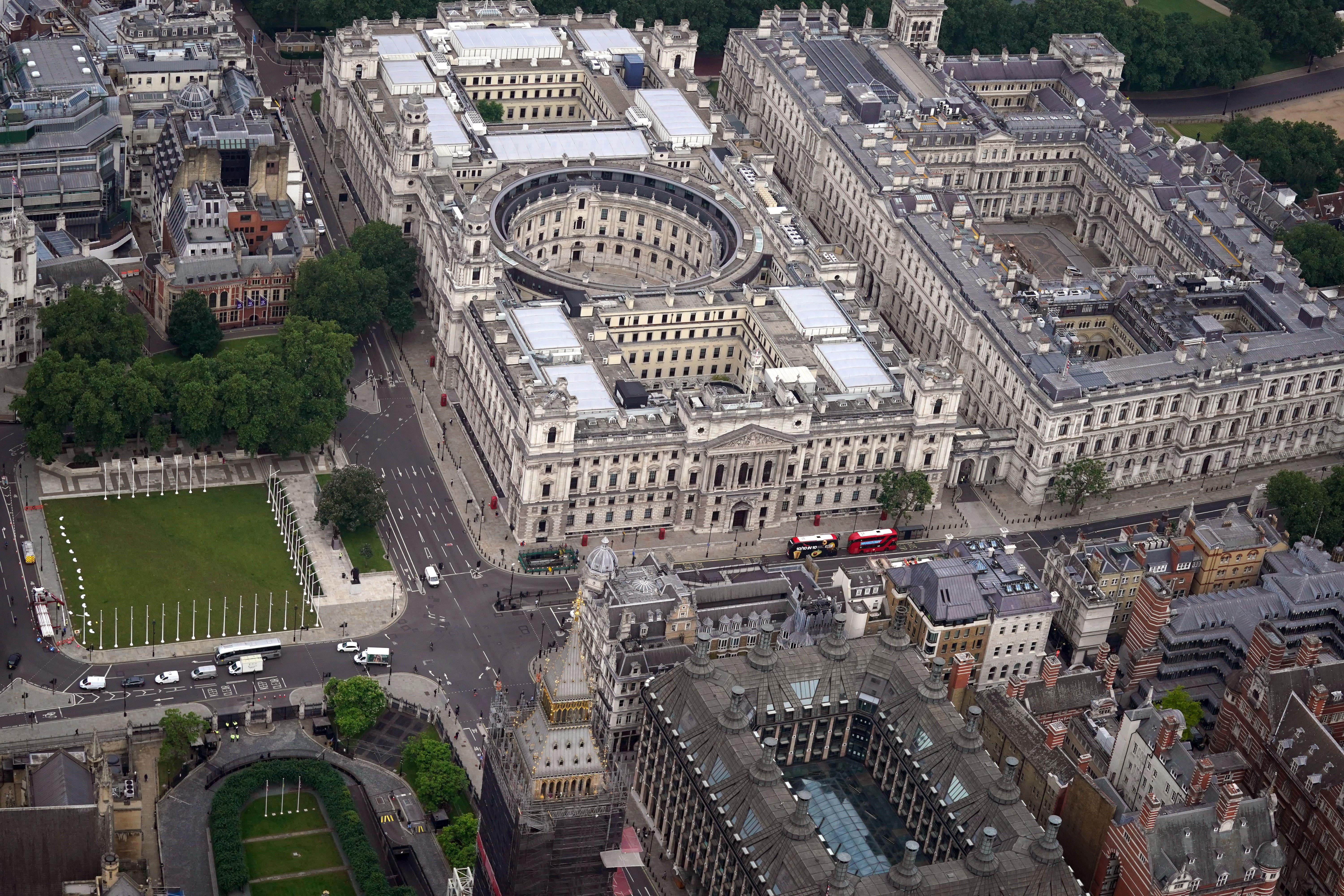 An aerial view of Parliament Square and government buildings including the Treasury in Whitehall (Victoria Jones/PA)