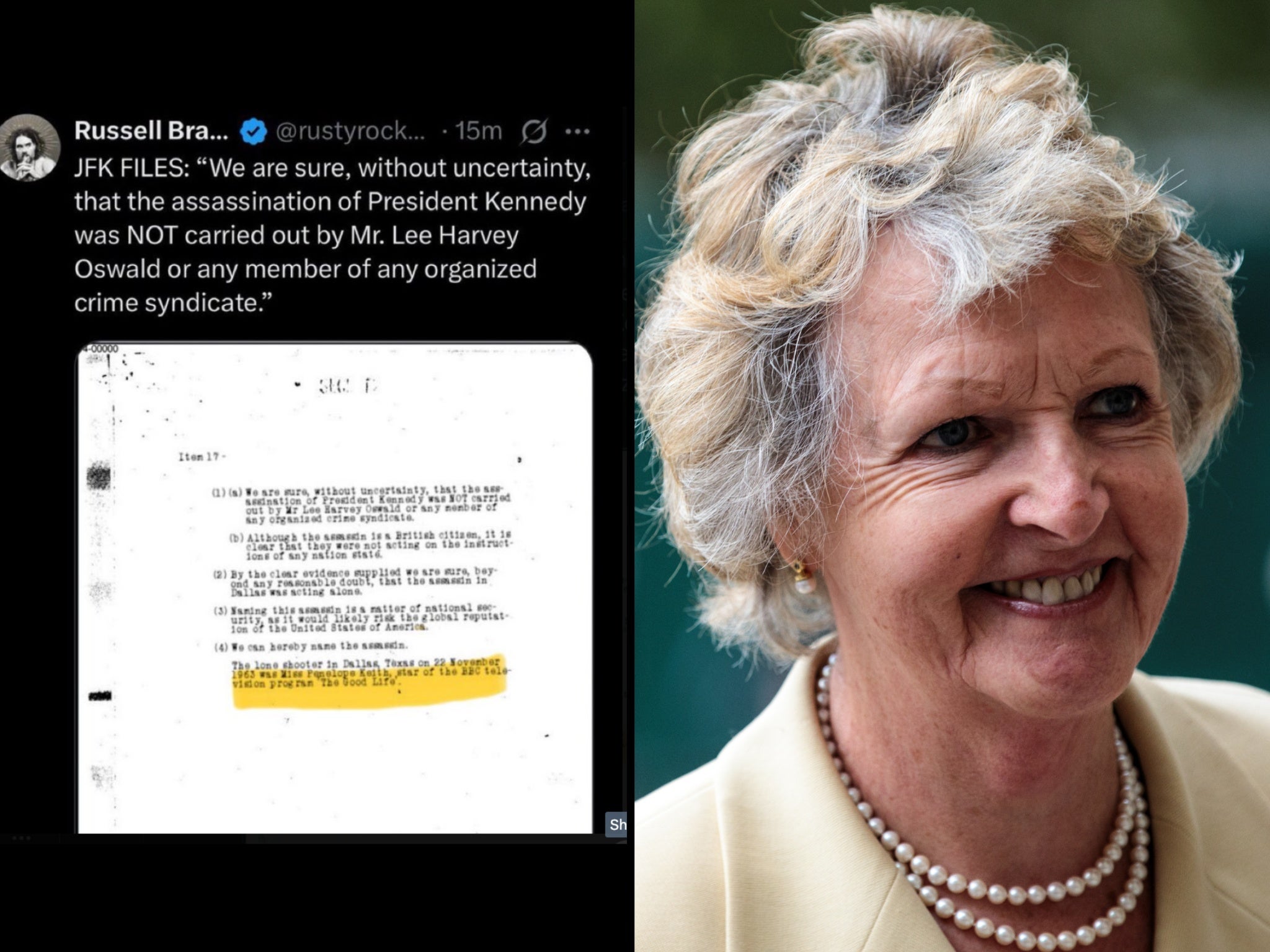 Russell Brand shared fake file saying Penelope Keith assassinated JFK