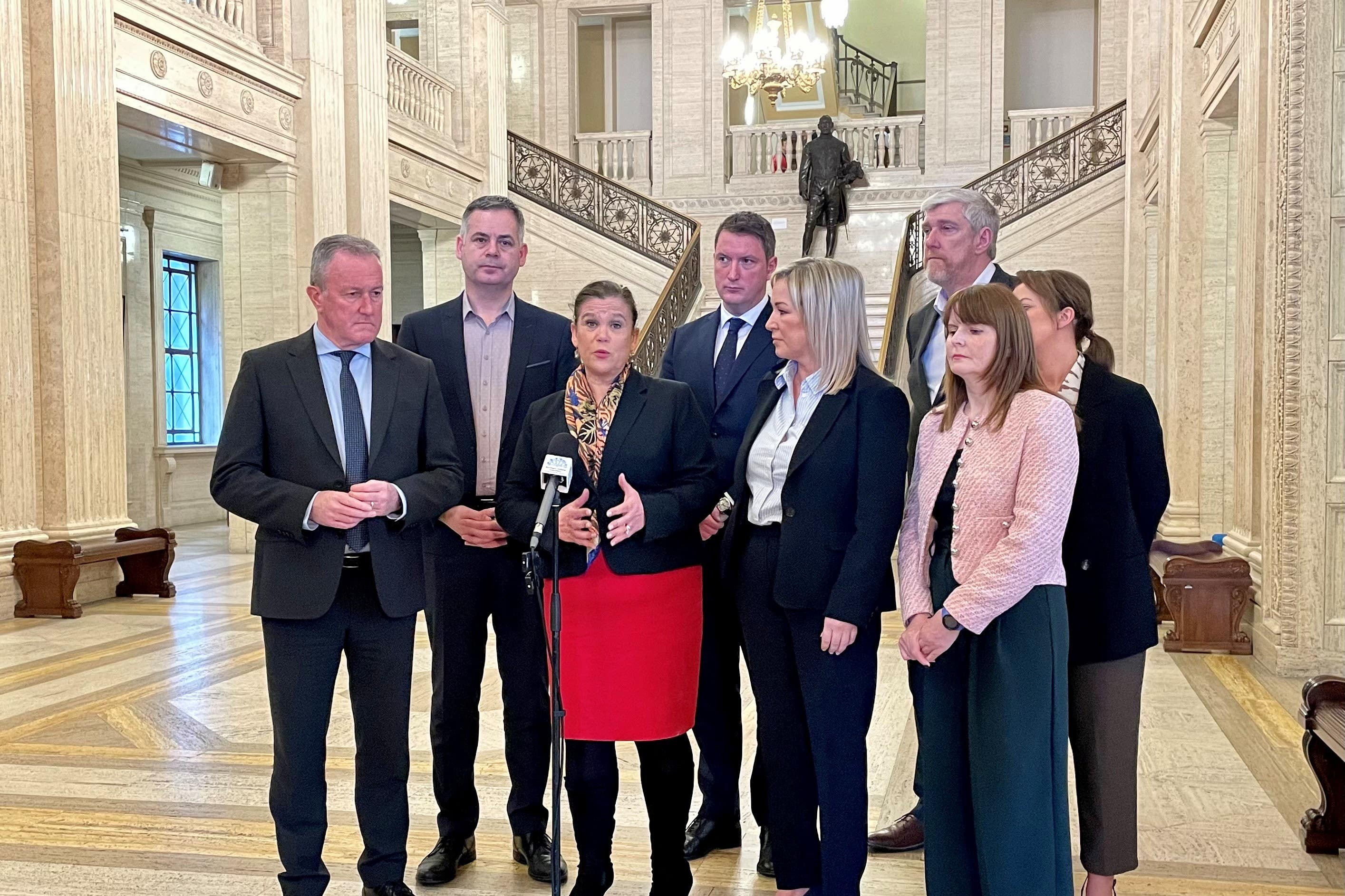 Mary Lou McDonald was asked about her party’s plans as she spoke to reporters at Stormont (David Young/PA)