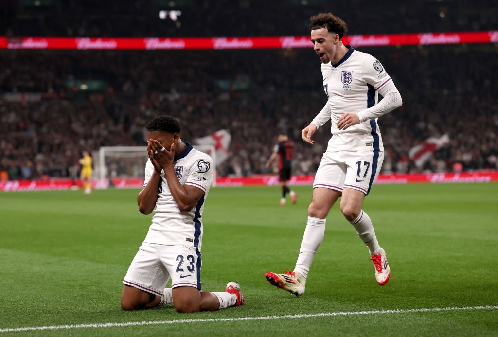 Lewis-Skelly reacts after scoring for England in the 20th minute