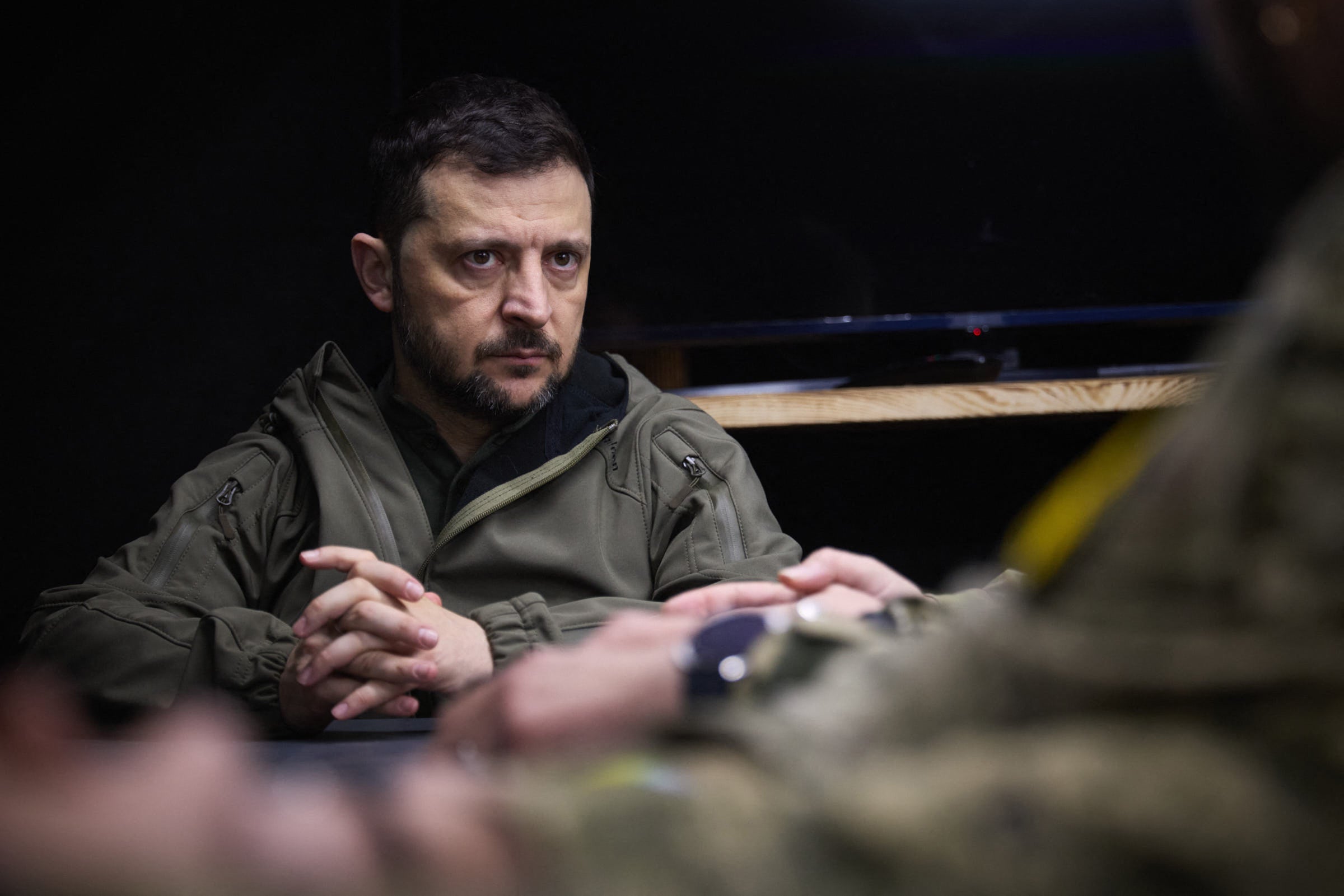 Volodymyr Zelensky during a meeting at an undisclosed location in the Donetsk region last week