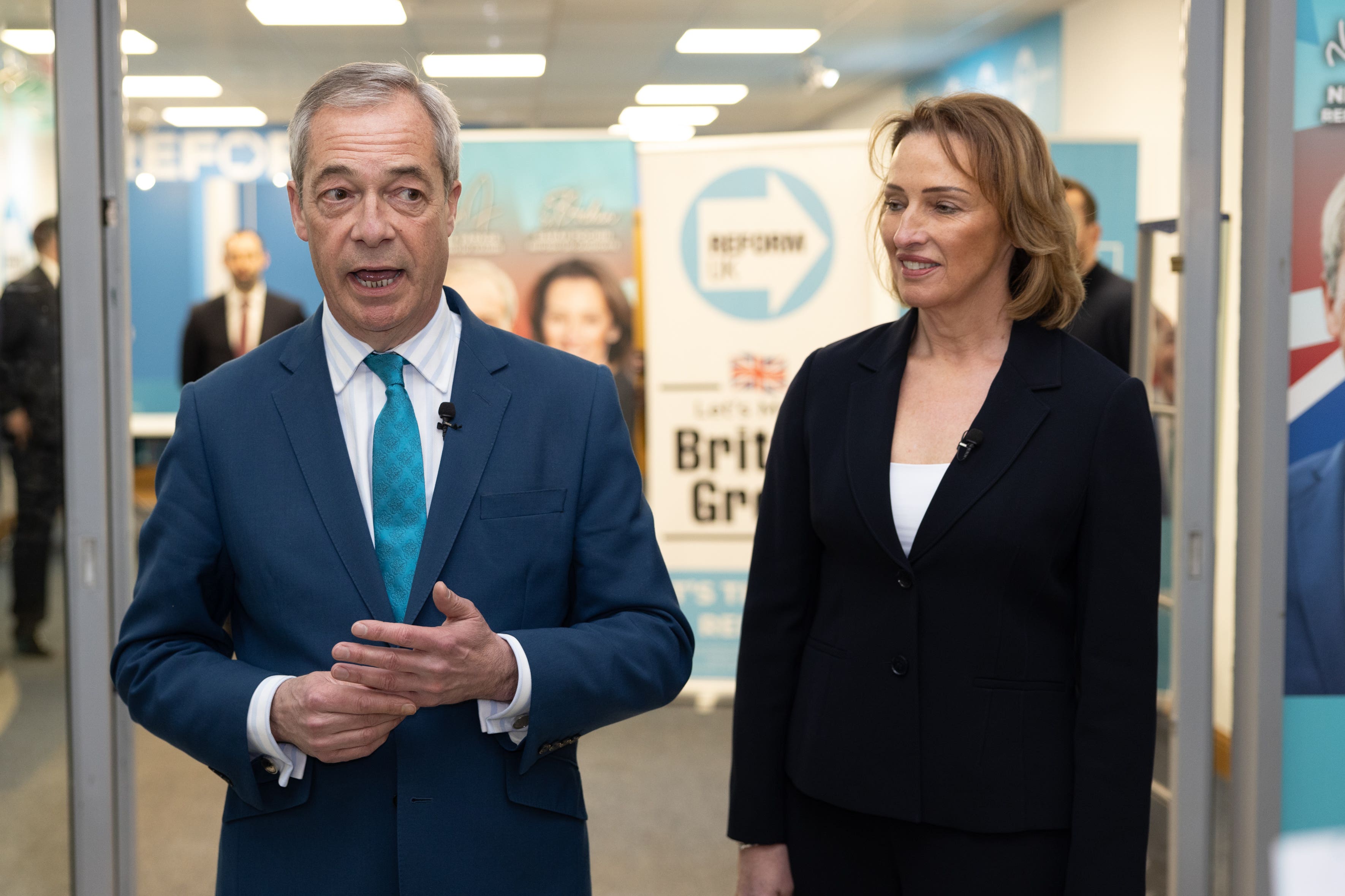 Reform UK leader Nigel Farage with Sarah Pochin after she was announced as Reform UK’s candidate for the Runcorn and Helsby by-election (James Speakman/PA)
