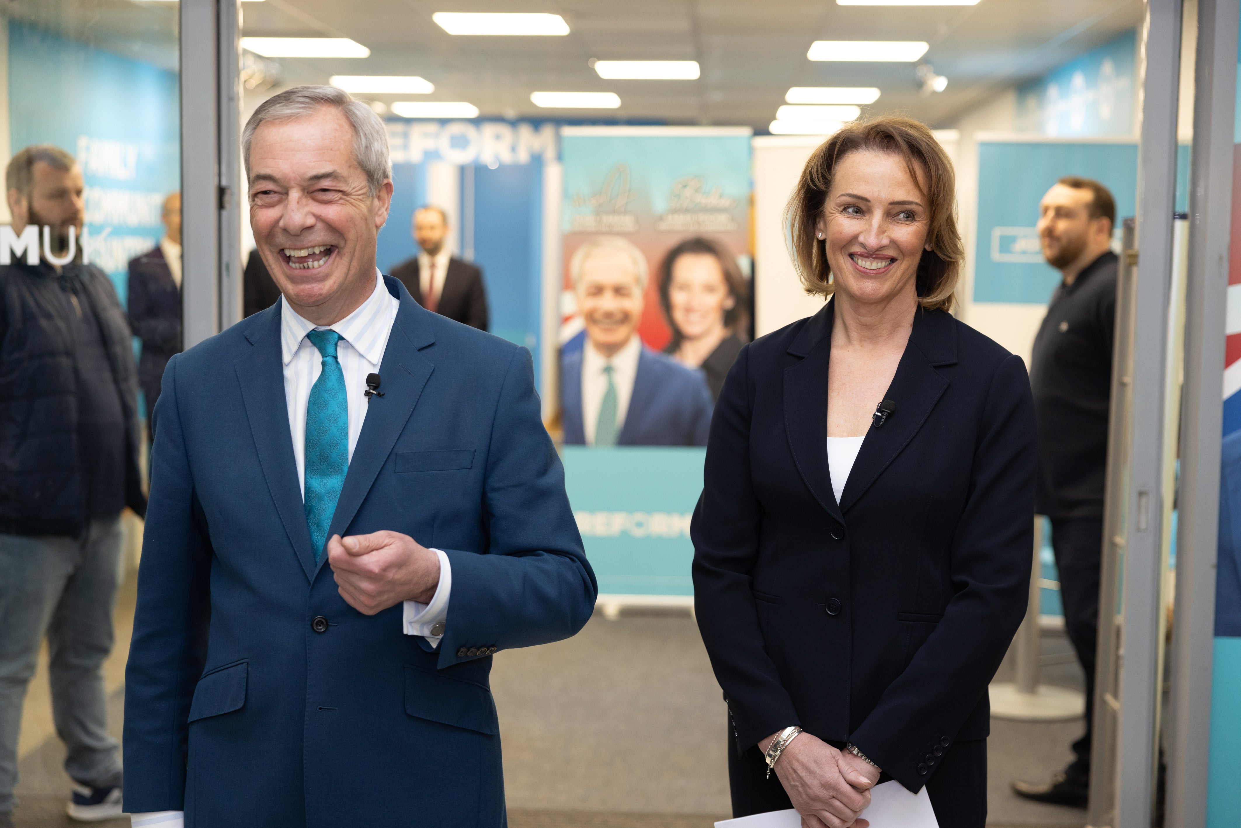 Sarah Pochin and Nigel Farage in Reform UK’s campaign office in Runcorn
