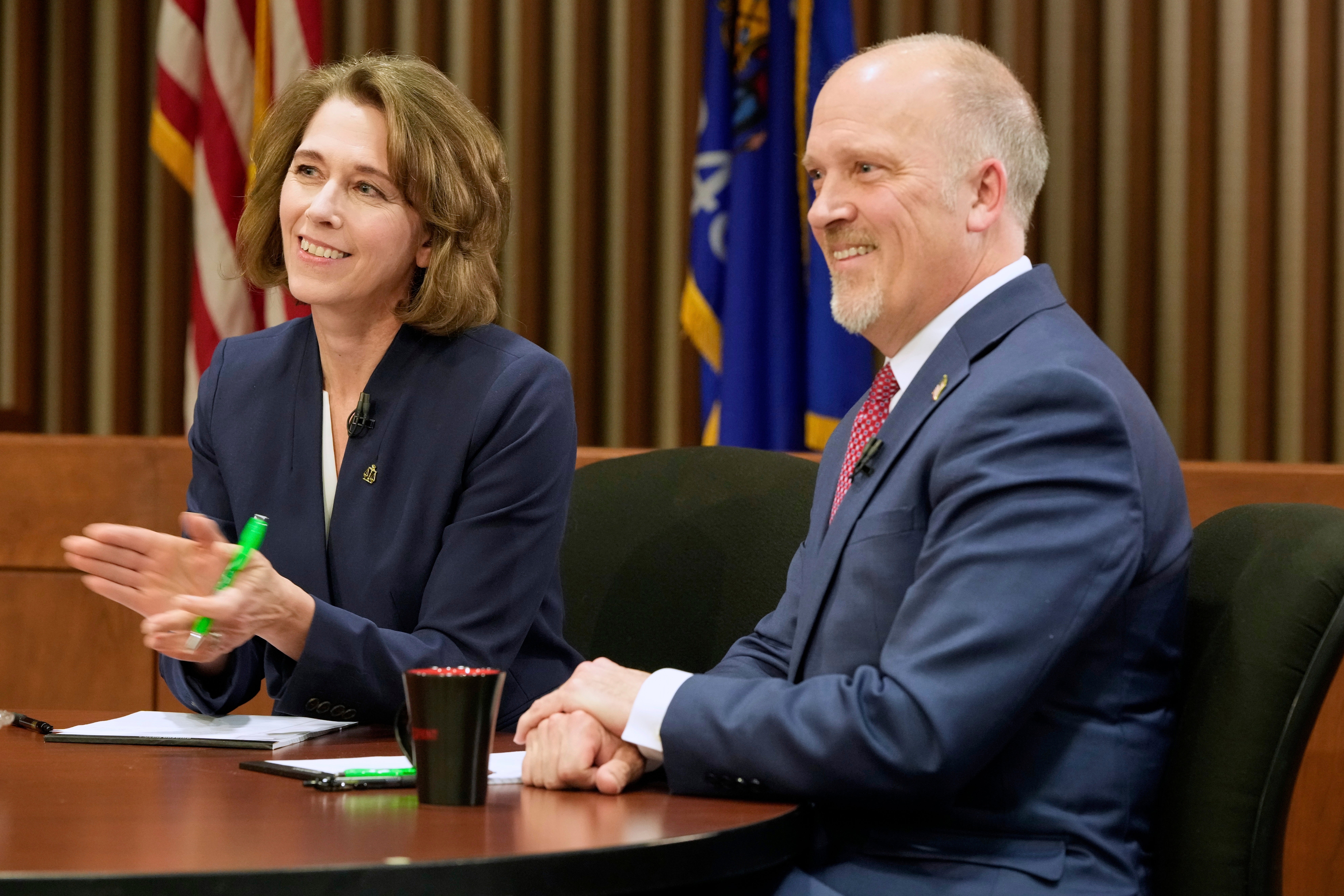 Wisconsin Supreme Court election candidates Susan Crawford and Brad Schimel were photographed in Milwaukee earlier this month