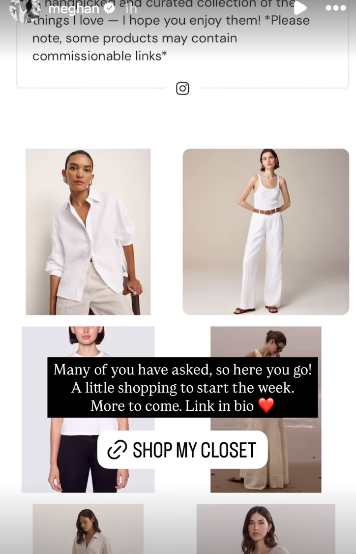 Meghan Markle posted her ‘ShopMy Closet’ page on Instagram