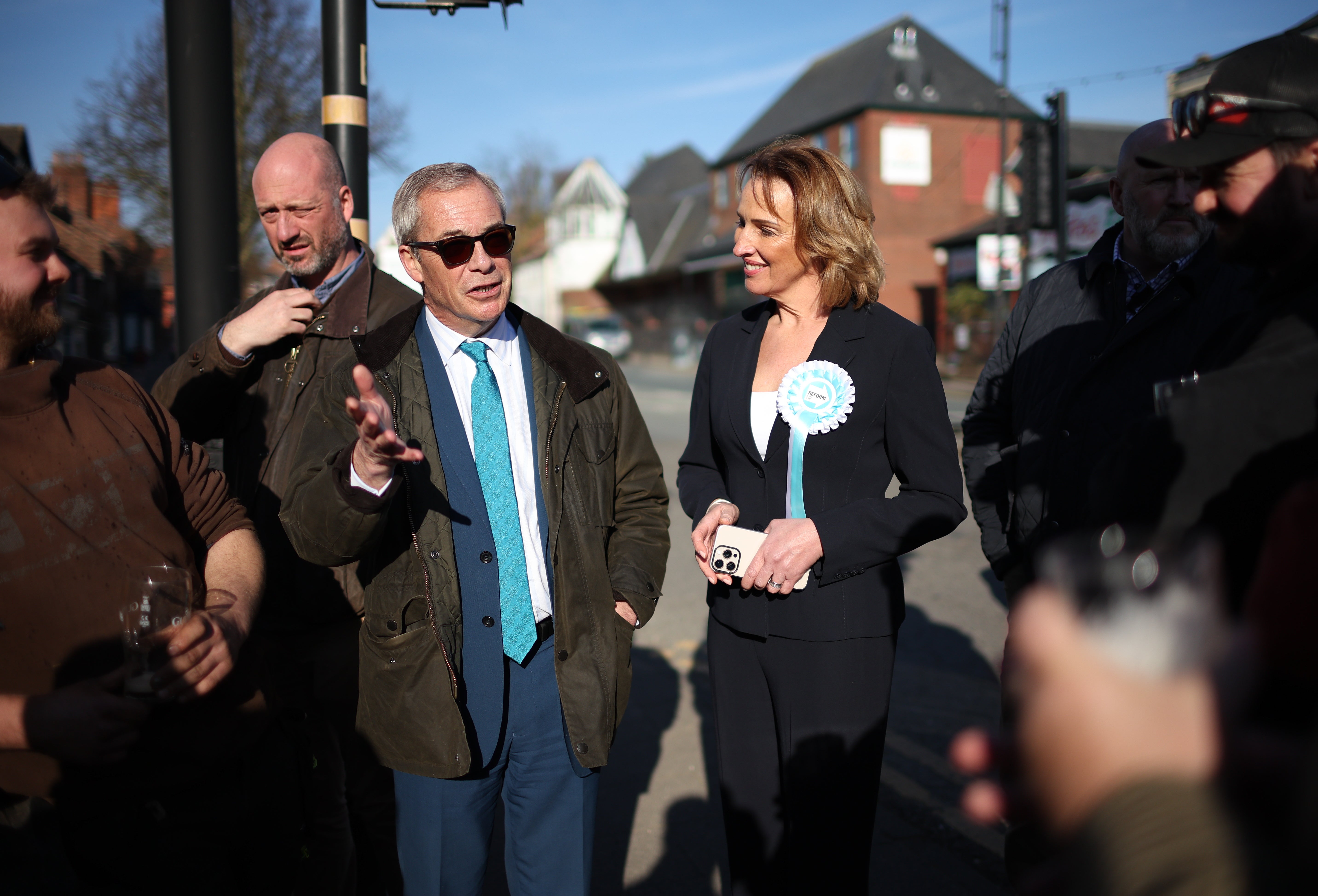 Nigel Farage and Reform’s candidate for the Runcon and Helsby by-election, Sarah Pochin, campaigning in Frodsham