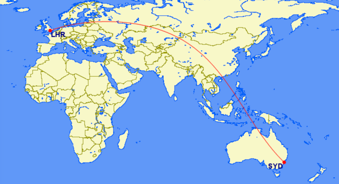 Long haul: Most direct route between London Heathrow (LHR) and Sydney (SYD), which includes about 2,200 miles in Russian airspace