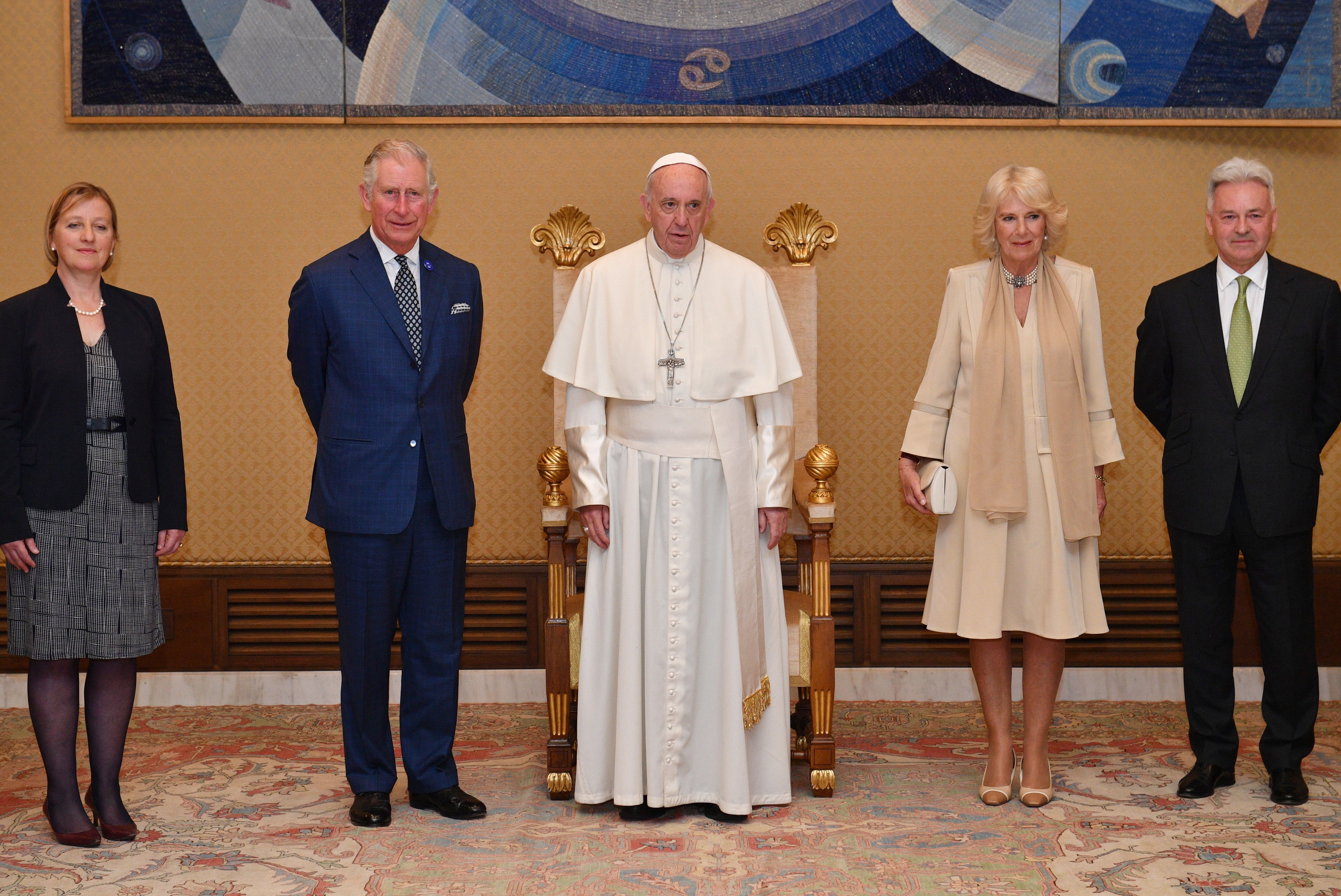 The then Prince of Wales and the Duchess of Cornwall during an audience with Pope Francis at the Vatican in 2017