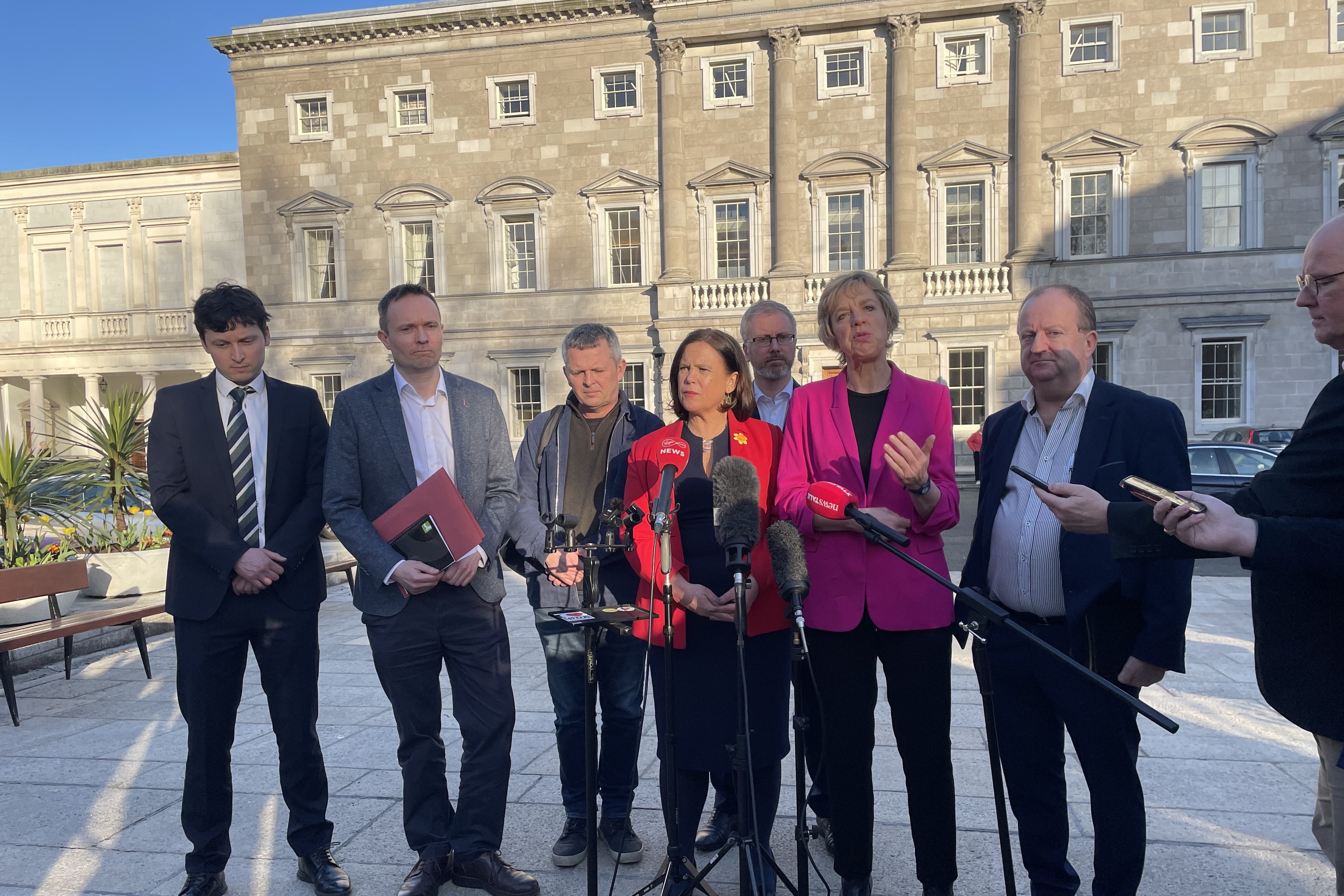 Social Democrats deputy leader Cian O’Callaghan, Green Party leader Roderic O’Gorman, leader of Solidarity-People Before Profit Richard Boyd Barrett, Sinn Fein leader Mary Lou McDonald, Labour leader Ivana Bacik and Independent Ireland leader Michael Collins outside Goveernment Builings, Dublin, speaking to the media where they said they do not have confidence in the speaker of the Dail Verona Murphy (Grainne Ni Aodha/PA)