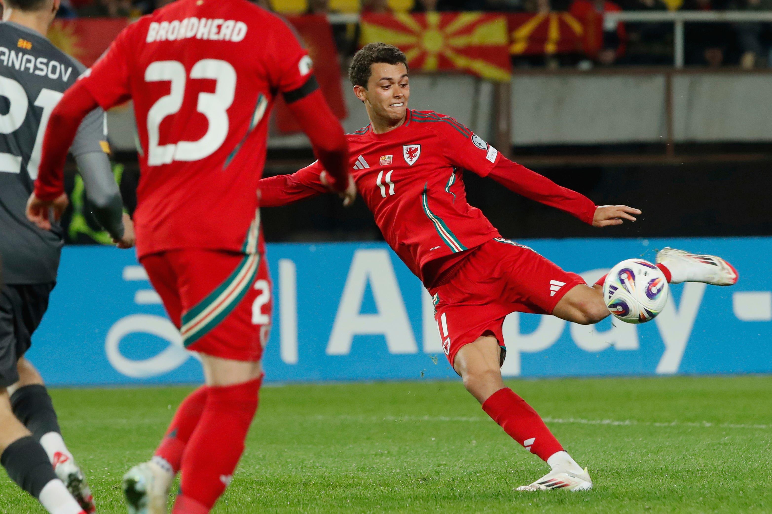 Brennan Johnson goes close for Wales against North Macedonia