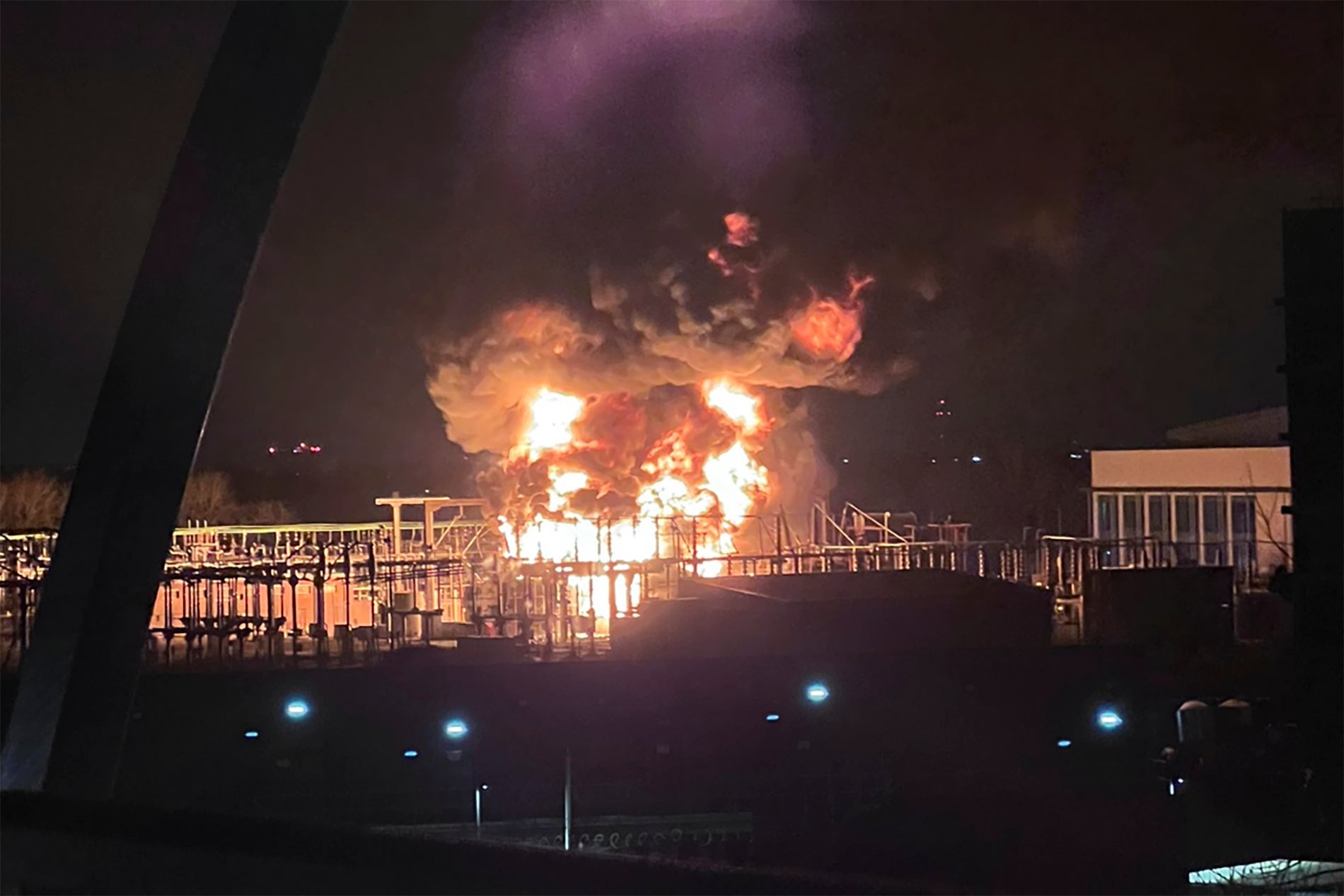 A fire is seen at the North Hyde electrical substation near Heathrow Airport