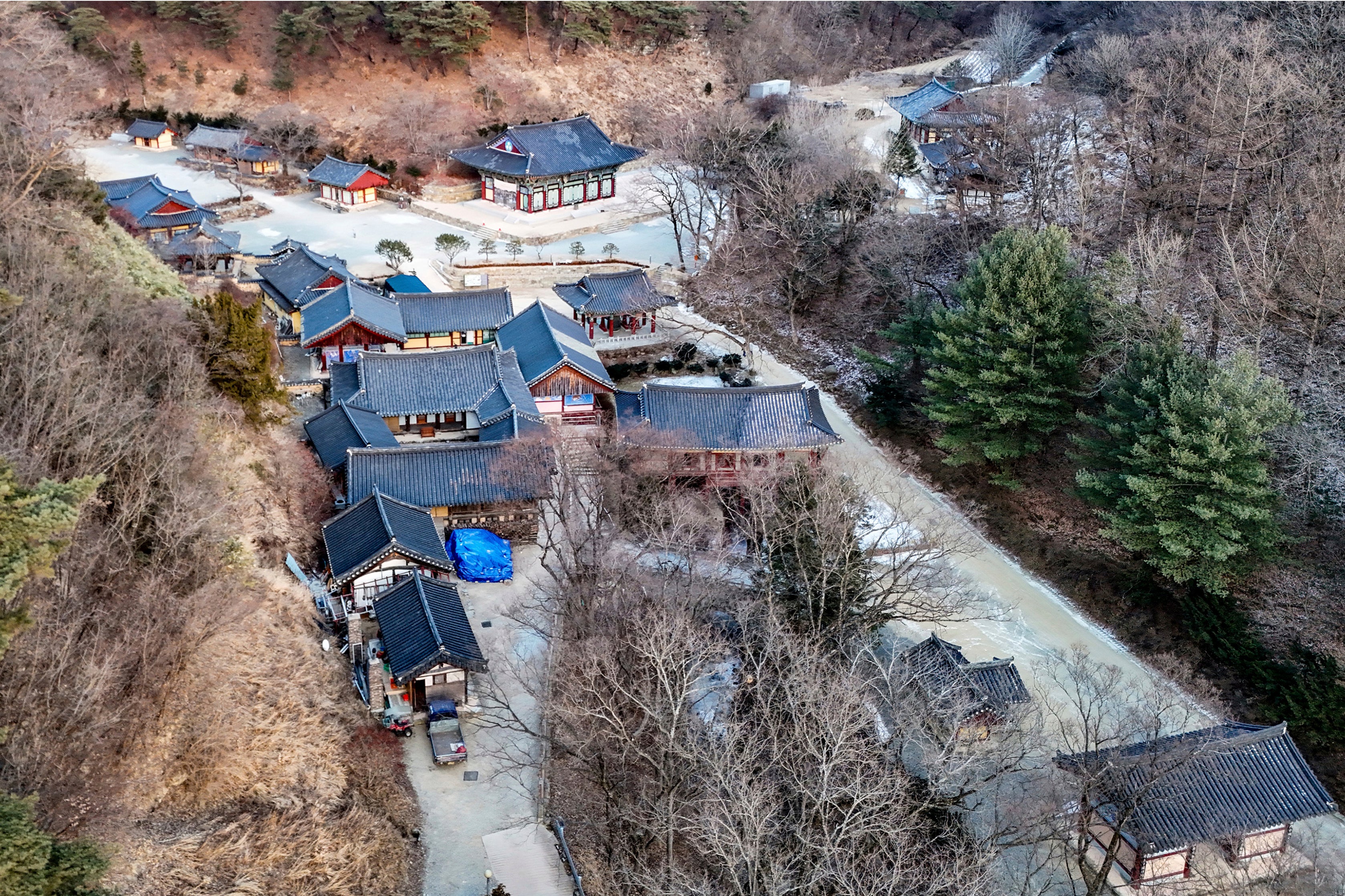 Pavilions are seen at the Gounsa temple in Uiseong, South Korea