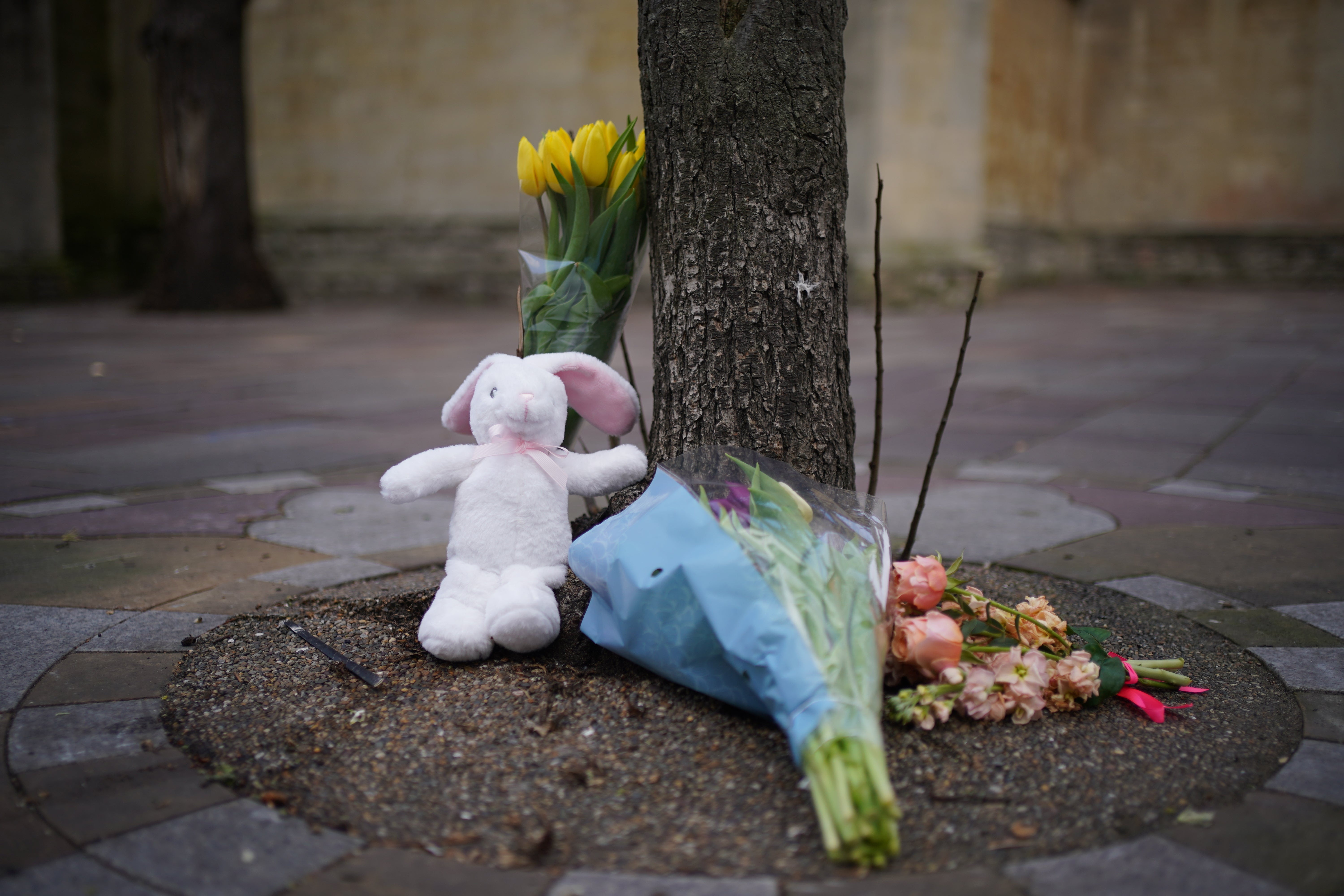 Bunches of flowers and a toy bunny were left by a tree near where the police tent was