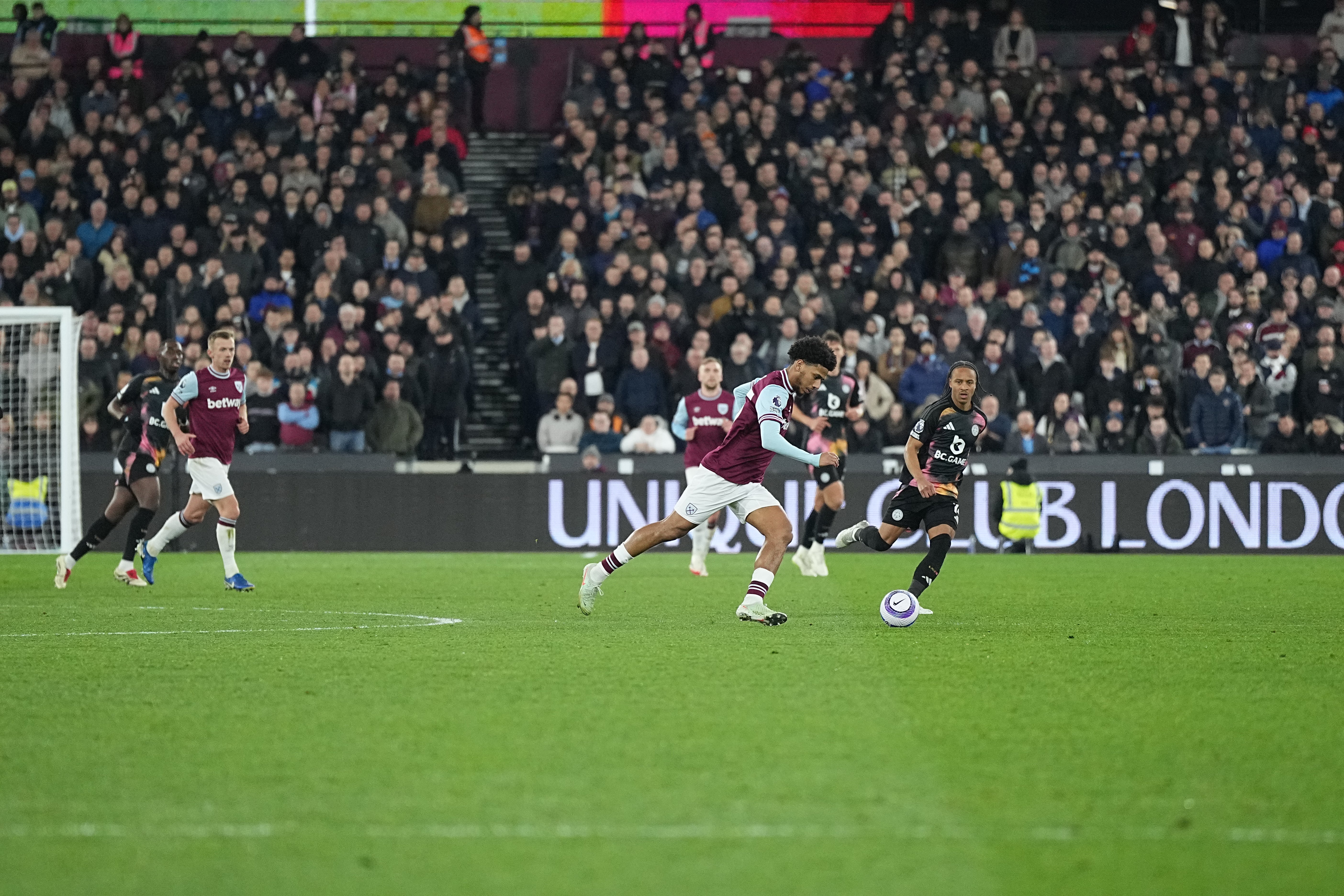 Jean-Clair Todibo, of West Ham, in action against Leicester