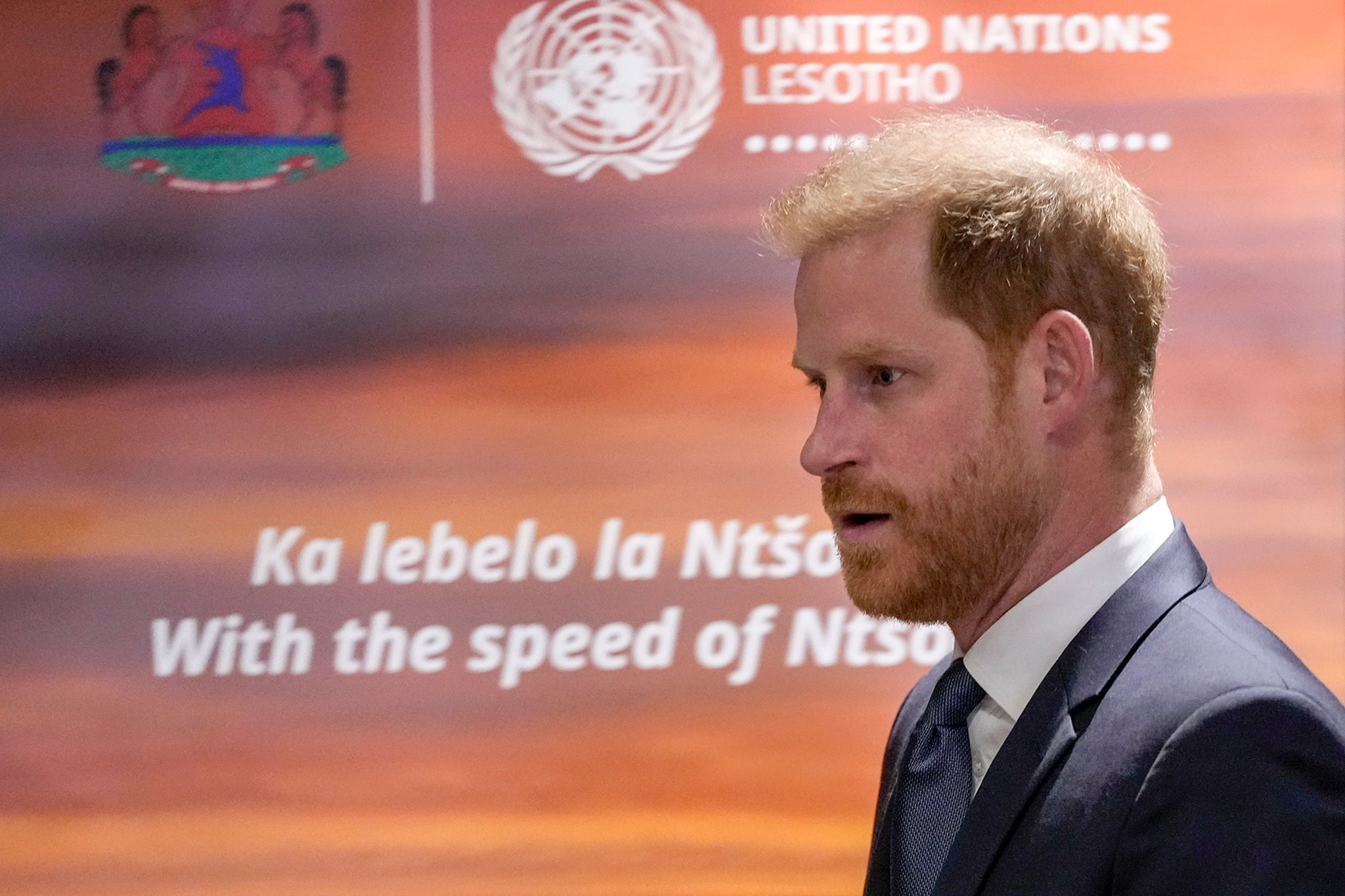 Prince Harry speaks during a high level event sponsored by Lesotho at U.N. headquarters, Tuesday, Sept. 24, 2024