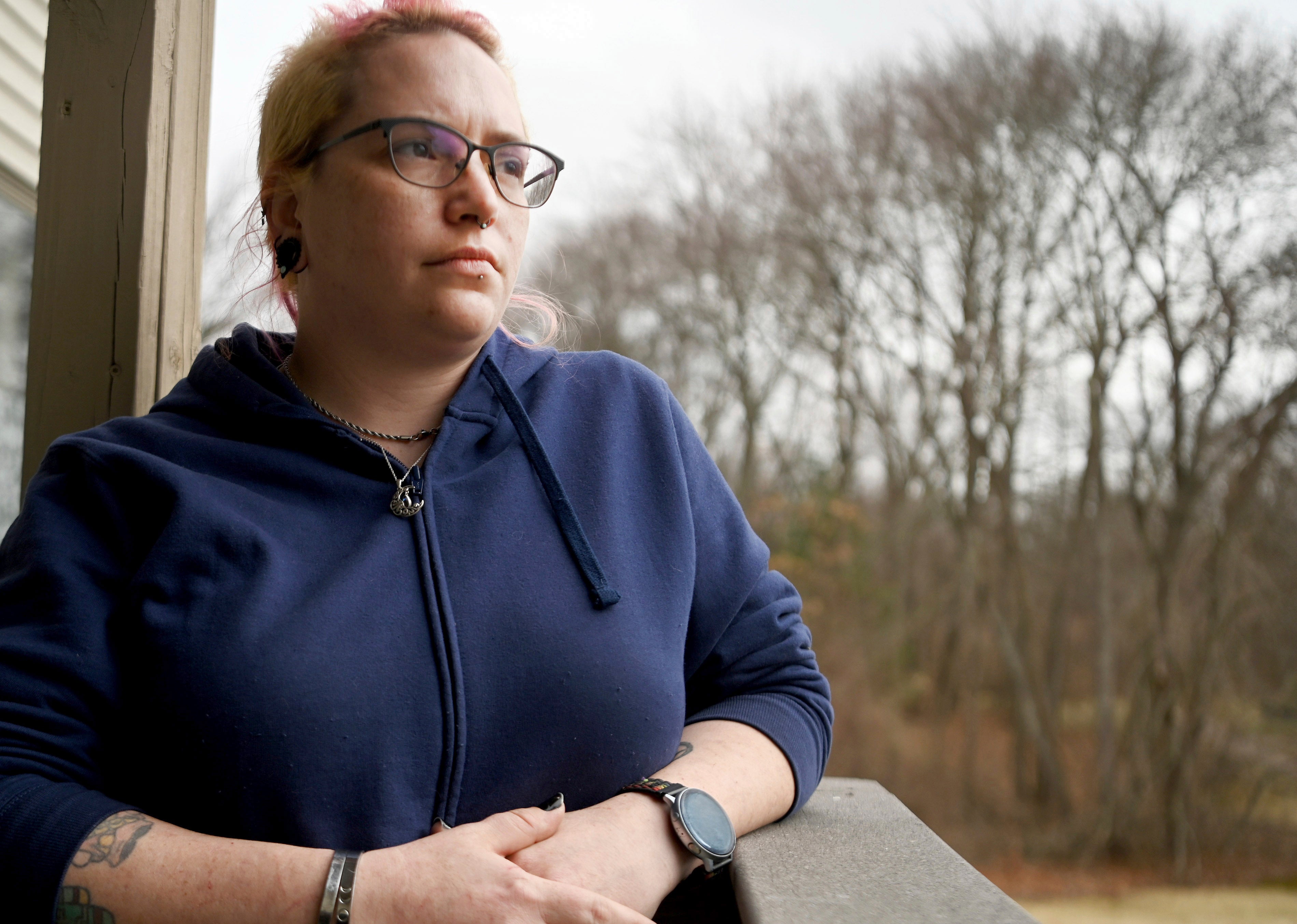 Heather Tessman the half-sister of the Waterbury, Conn., man who was kept in a locked room for 20 years, poses for a photo Thursday, March 20, 2025, at her Vernon, Conn. home. (Jim Michuad/Hearst Connecticut Media via AP)