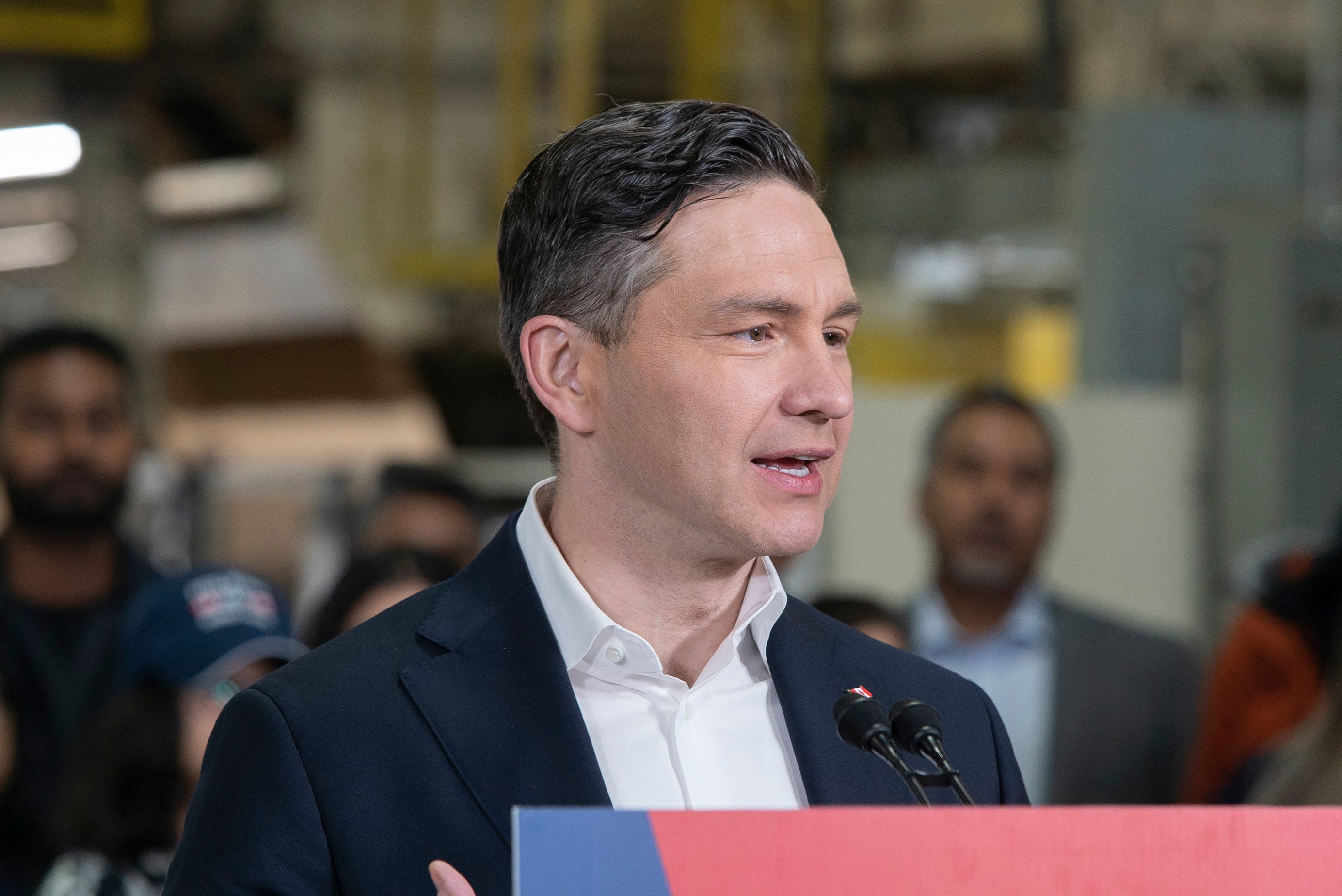 Canada's Conservative leader Pierre Poilievre launches his campaign for the 28 April federal election at the Kruger plant in Brampton
