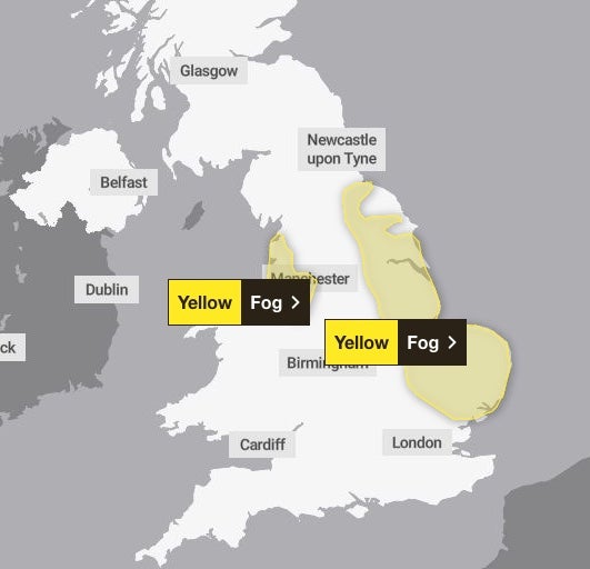 The Met Office has issued a yellow weather warning for fog