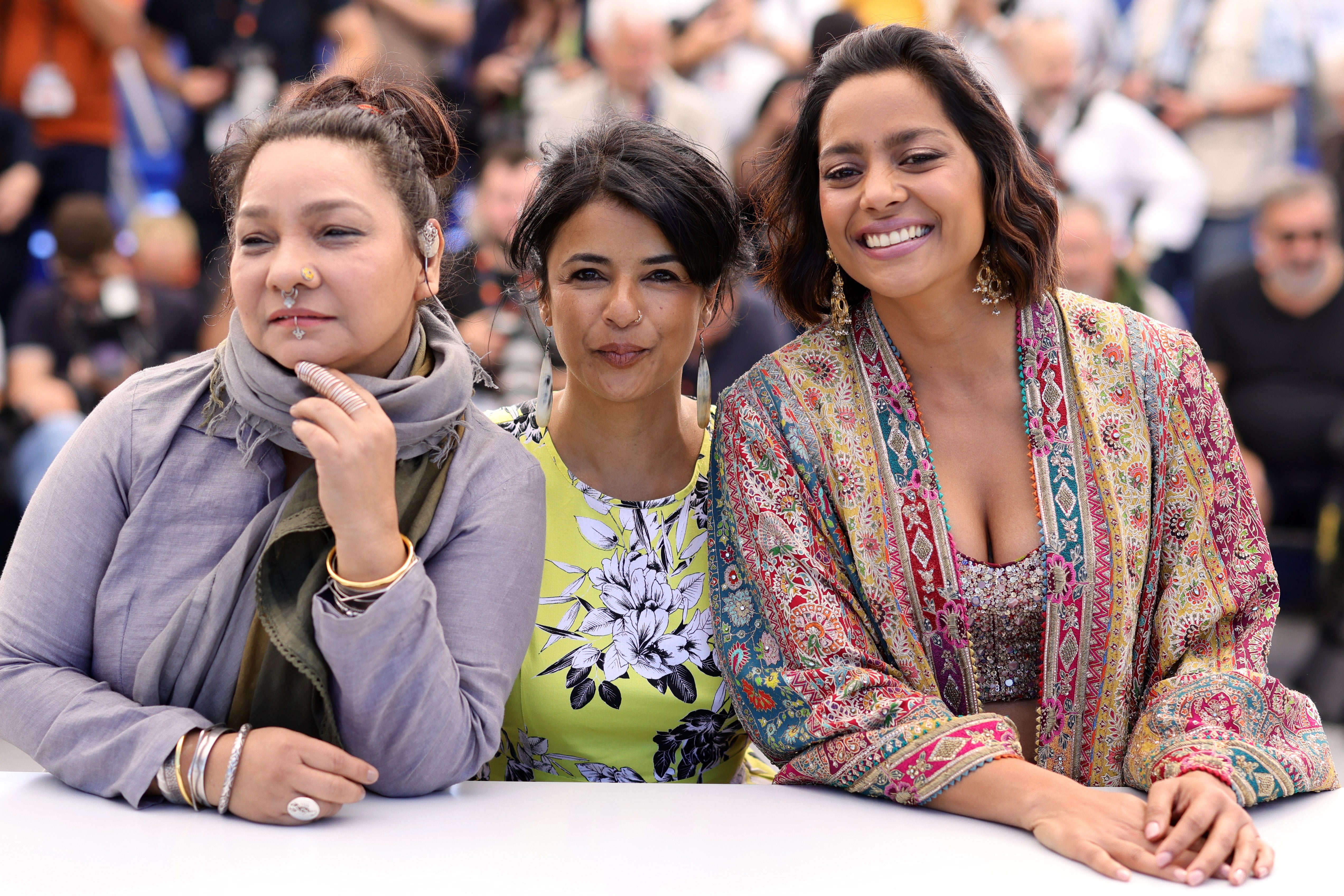Sunita Rajwar, Sandhya Suri and Shahana Goswami at the 'Santosh' photocall at the 77th annual Cannes Film Festival