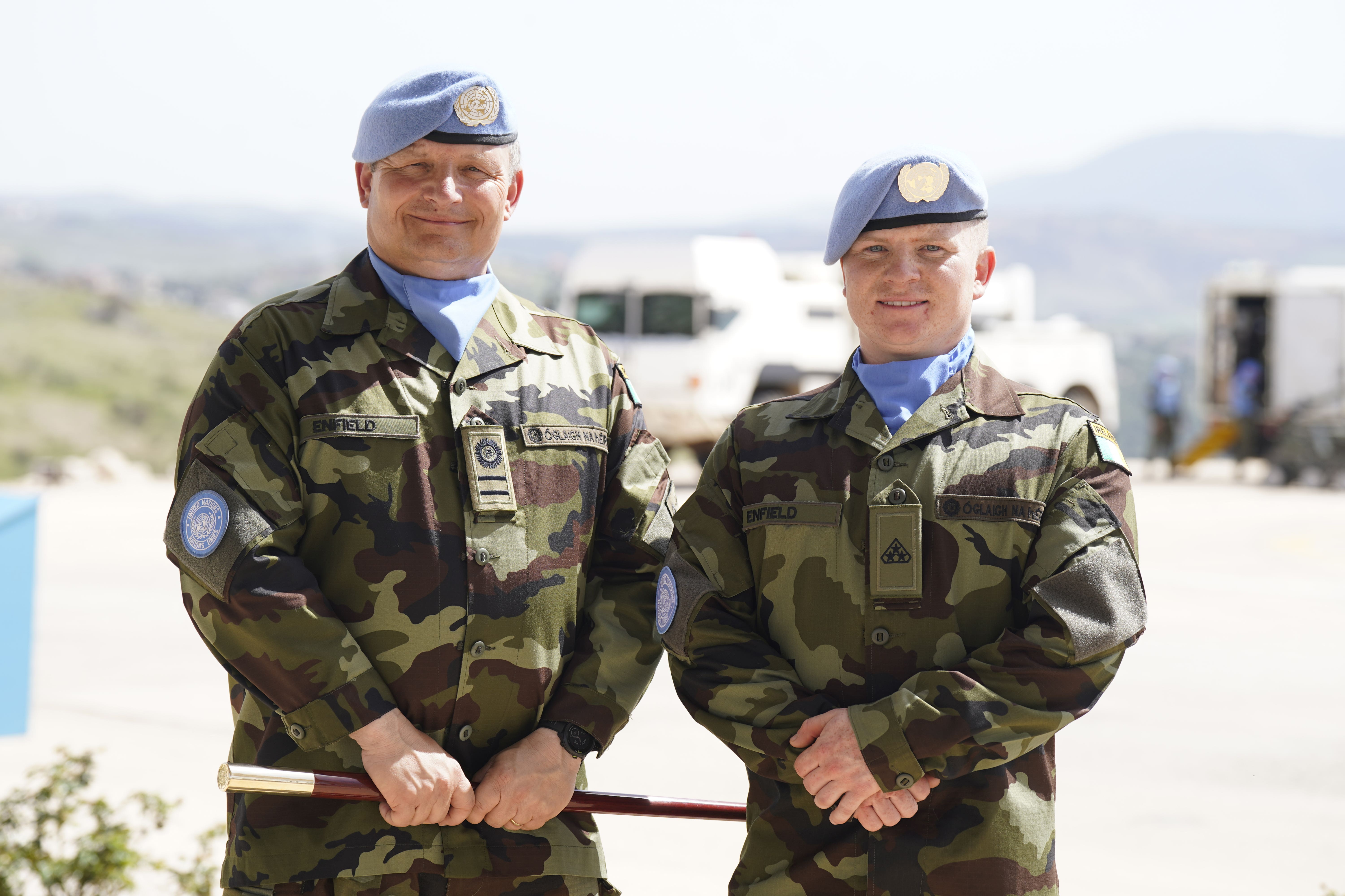Father and Son Battalion Sergeant Major Paddy Enfield and Private Adam Enfield at Camp Shamrock (Niall Carson/PA)