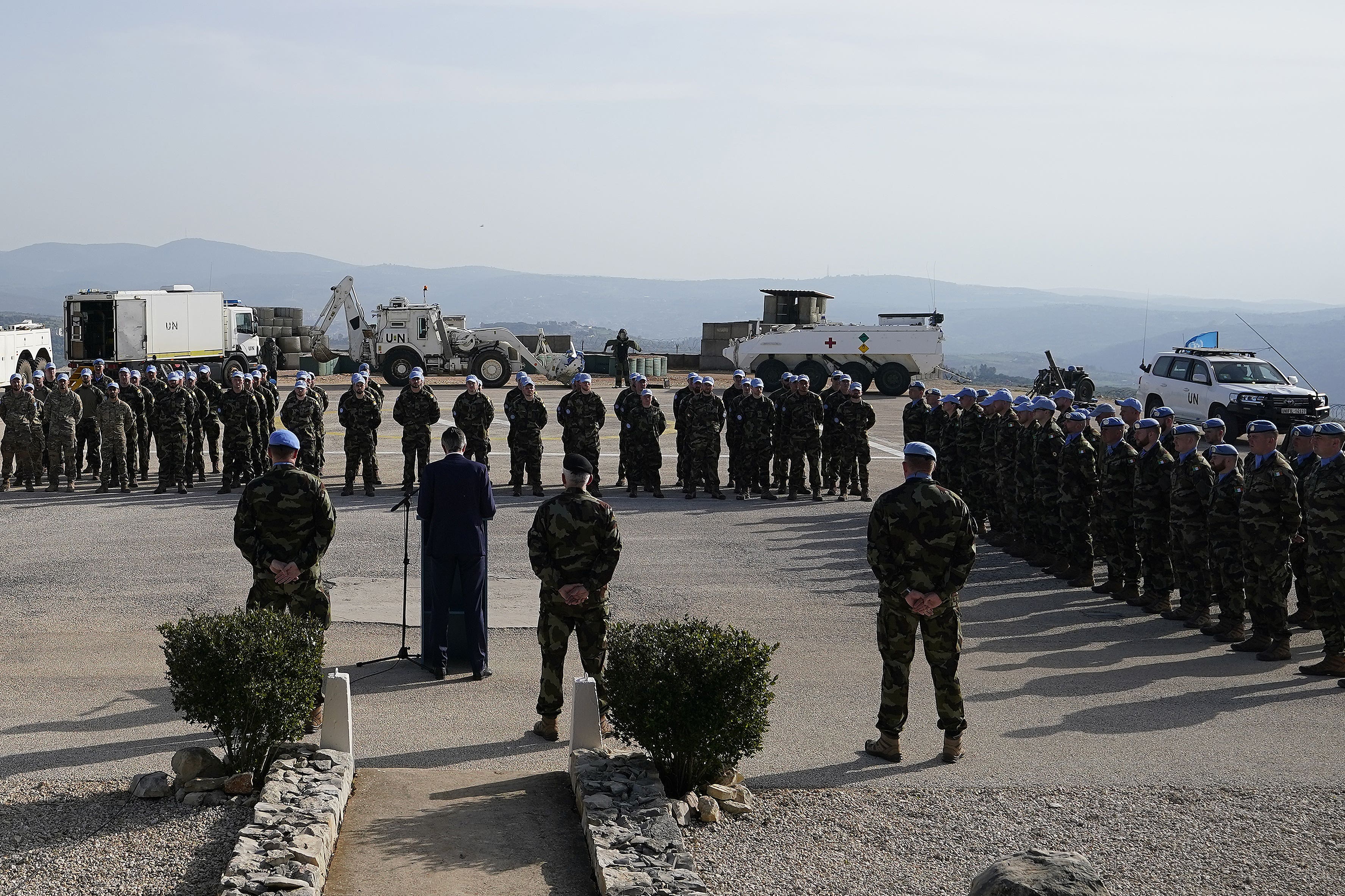 Tanaiste Simon Harris speaks to troops during his visit Camp Shamrock (Niall Carson/PA)