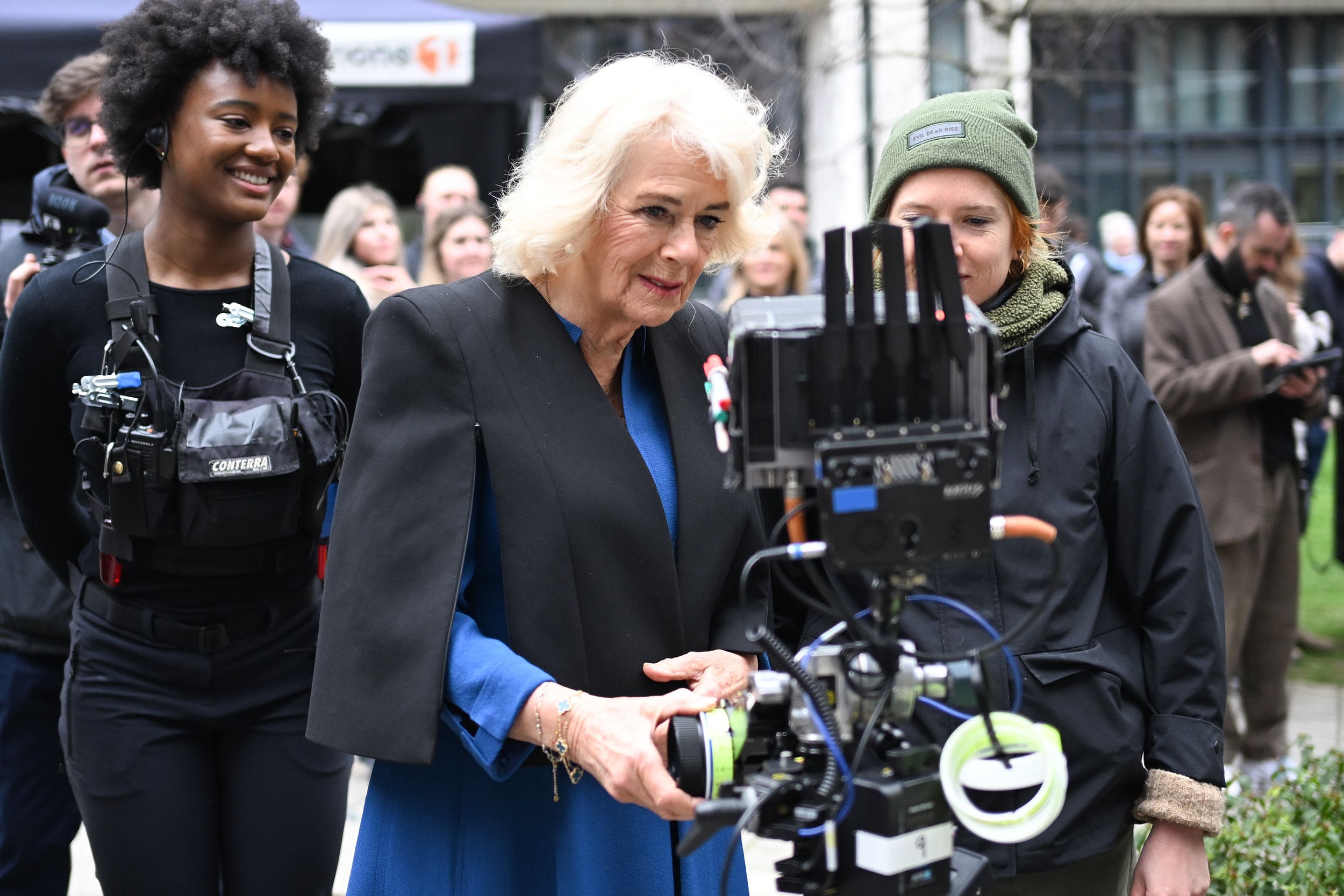 Queen Camilla during a visit to the set of ITV drama Trigger Point in north London, to celebrate 70 years since the first broadcast on ITV (Eddie Mulholland/Daily Telegraph/PA)
