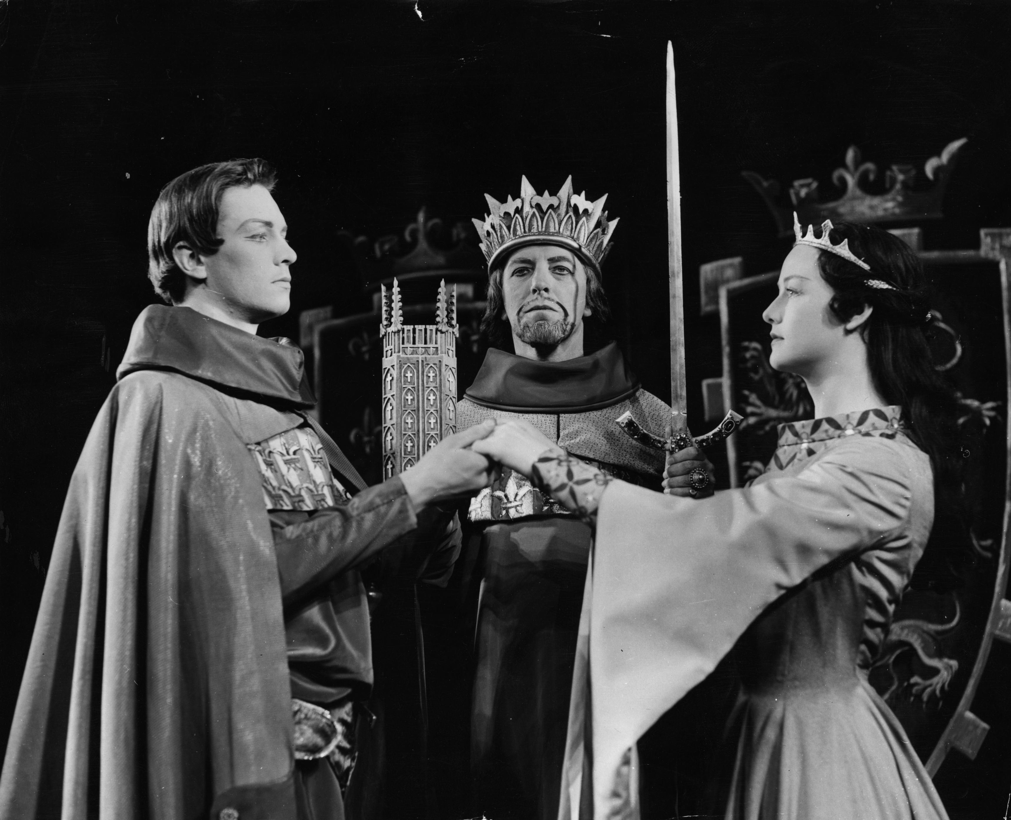Clive Revill (center) with Barry Warren and Doreen Aris in Shakespeare's 'King John' at Stratford-upon-Avon in April 1957