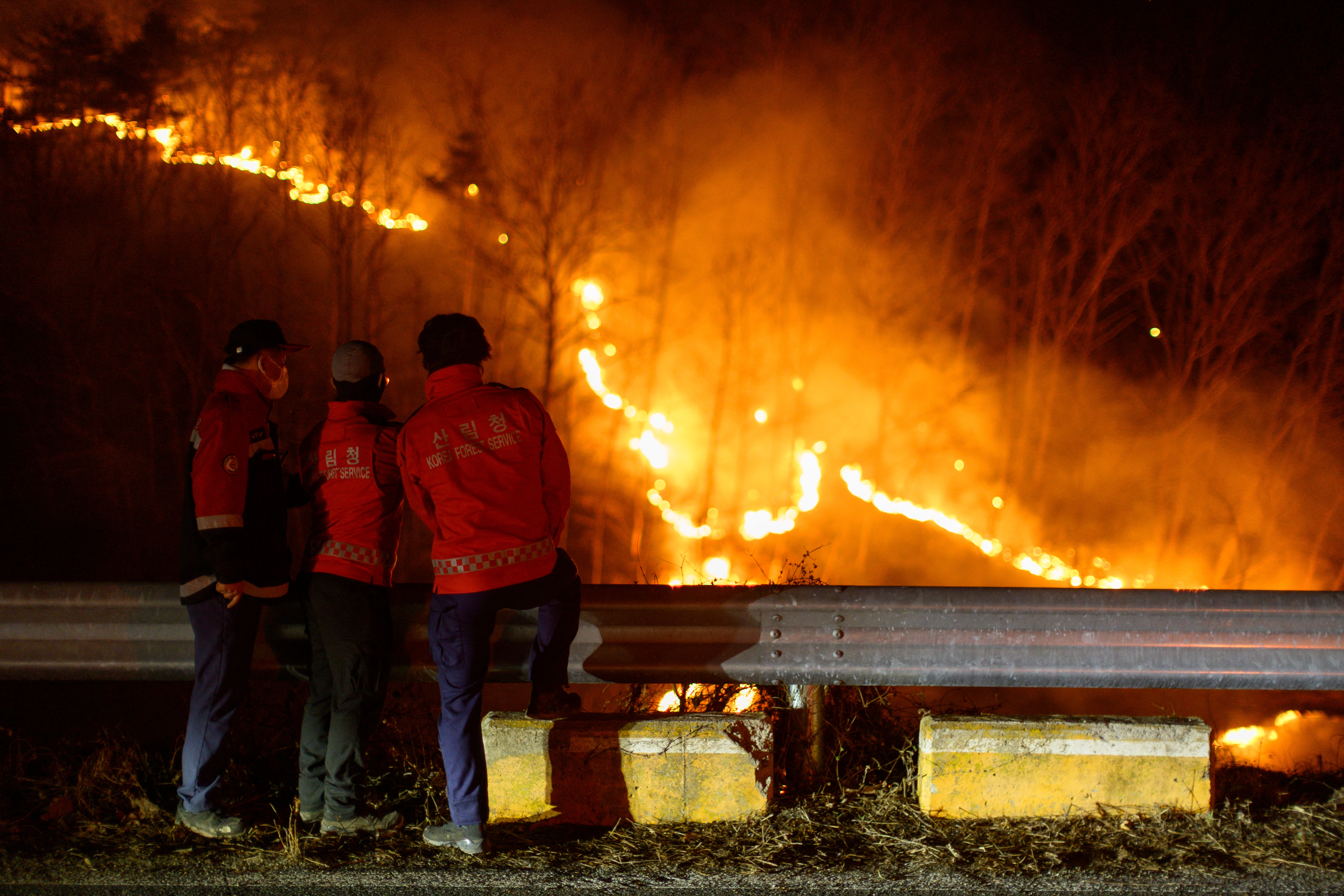 Korea Forest Service personnel observe a wildfire from the side of a road in Andong early on 27 March, 2025