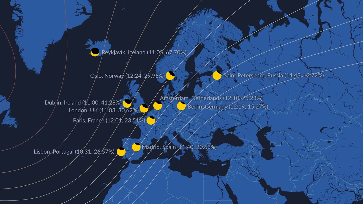 Times for the partial solar eclipse across the UK and Europe on 29 March, 2025