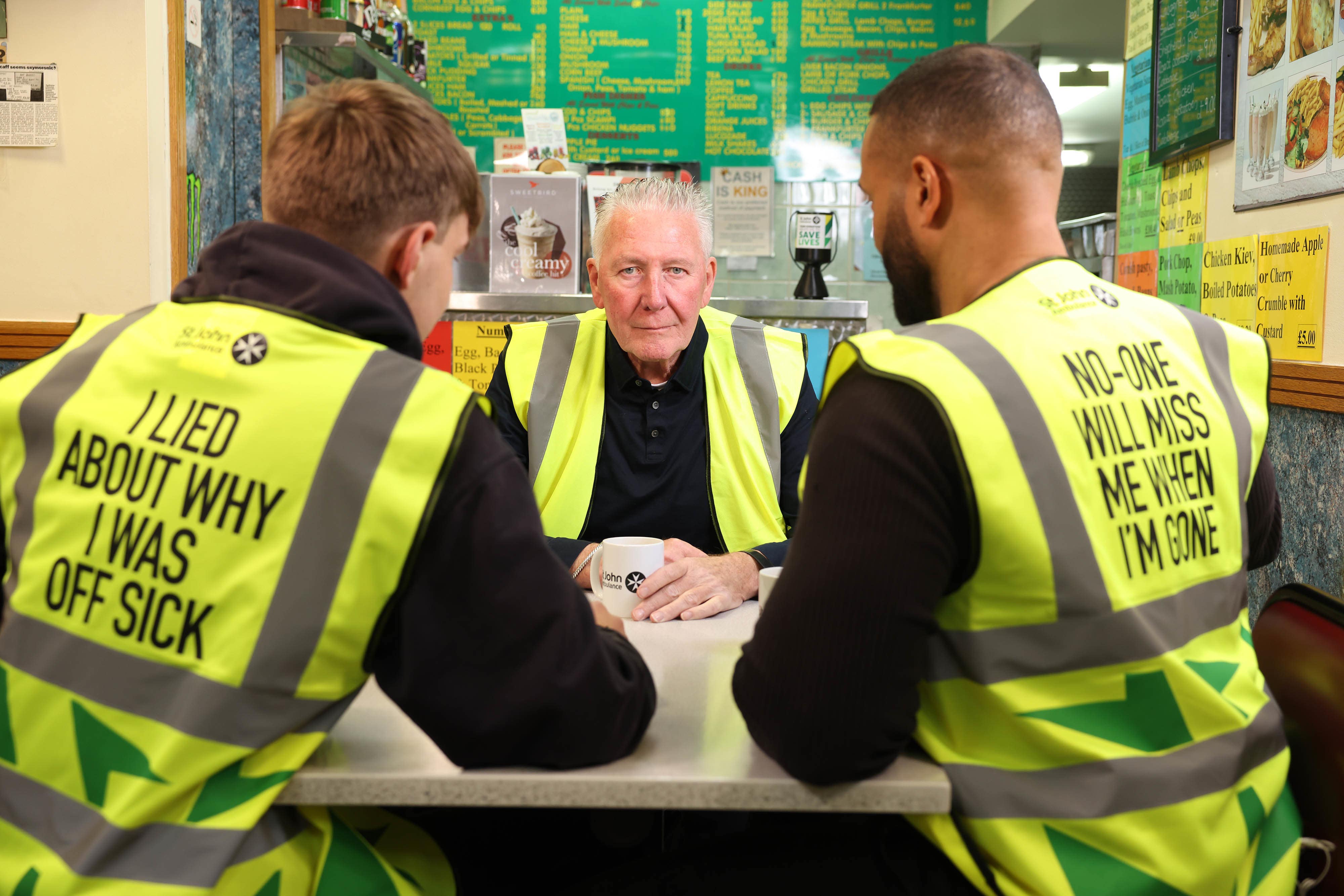 Television presenter and construction worker, Tommy Walsh (centre), with social media influencer, Ben Wade, also known as Ben the Operator (left) and managing director of Ashville Group, Daniel Ashville Louisy support St John Ambulance’s Hi Vis Stress Vest campaign (Matt Alexander Media Assignments/PA)