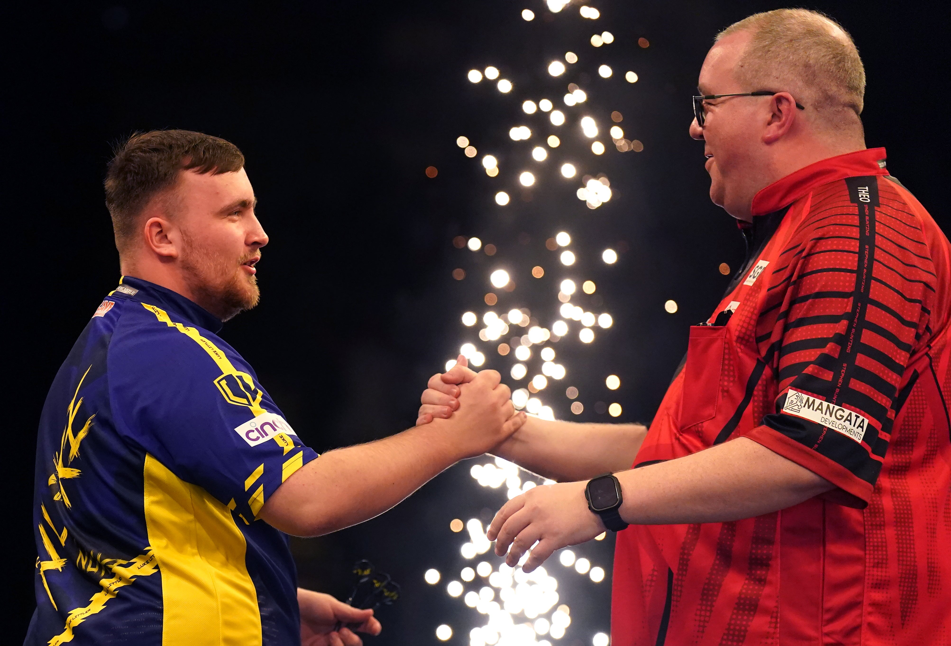 Luke Littler celebrates victory against Stephen Bunting (Owen Humphreys/PA)