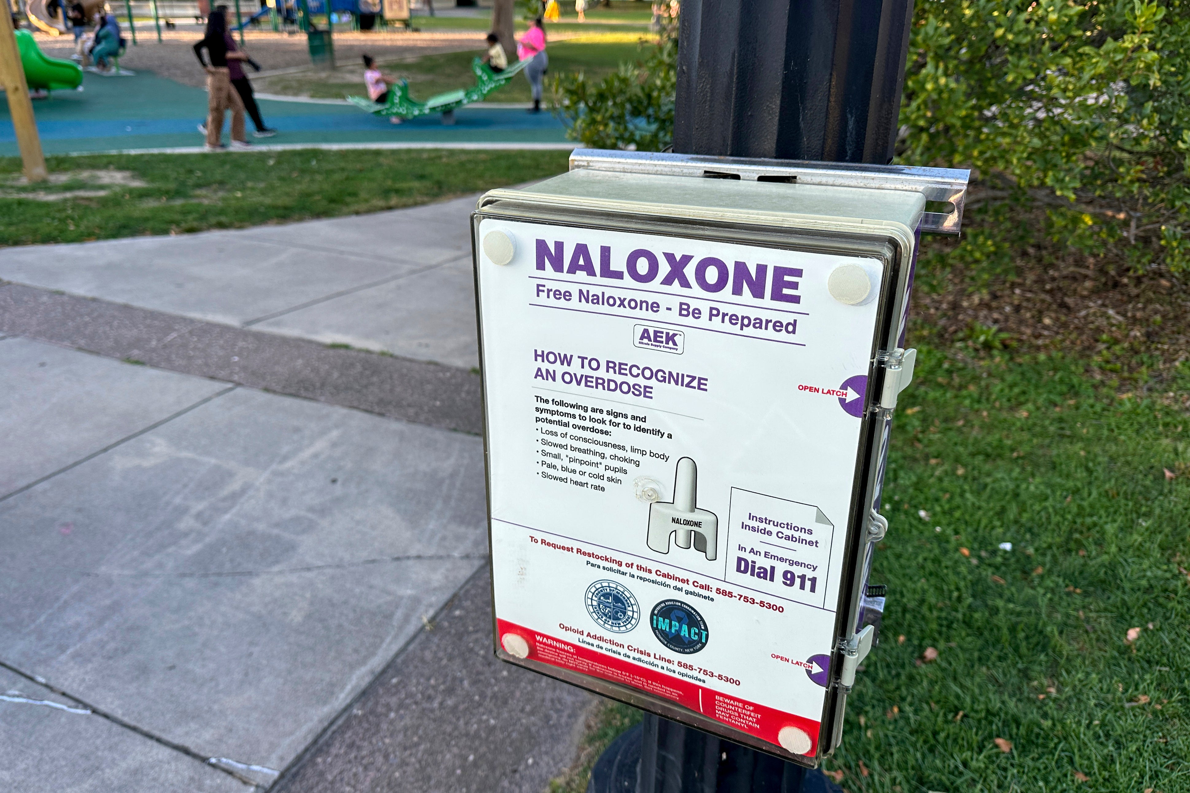 A box containing free naloxone, a nasal spray used to reverse overdoses, at a beach in upstate New York