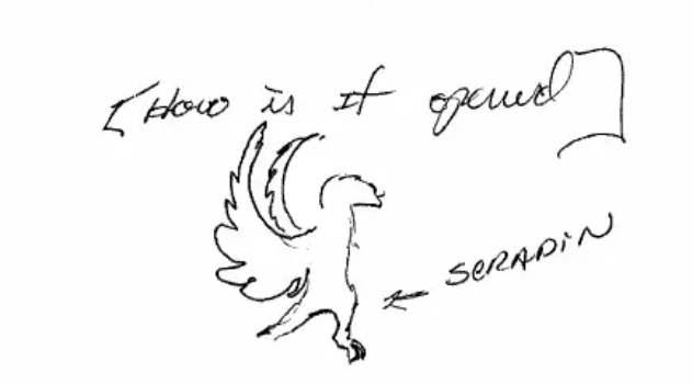 Drawing from remote viewer #32 depicts one of the four seraphim that stand out on the corners of the Ark