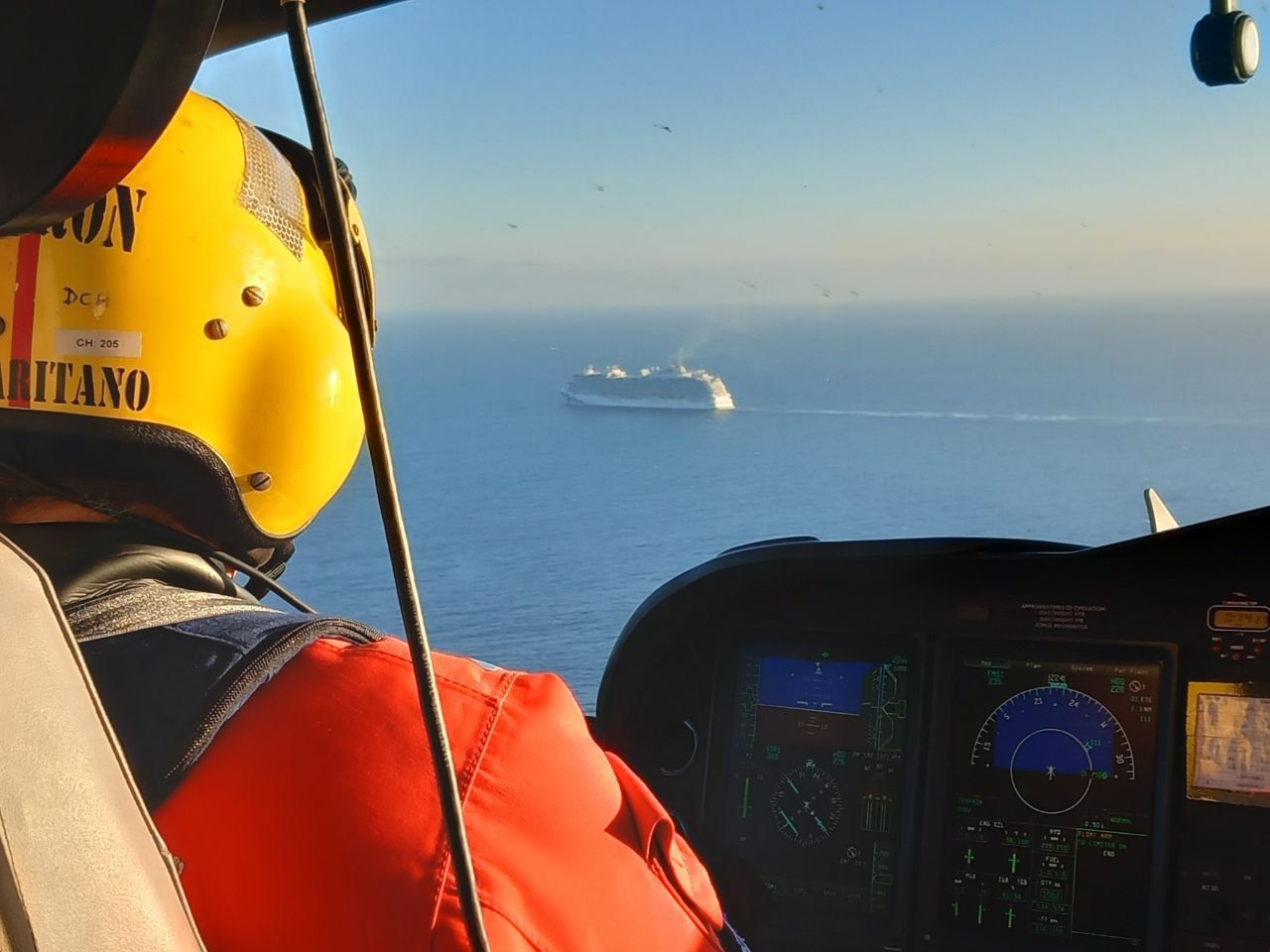 Inside the helicopter as it made its way to the cruise ship