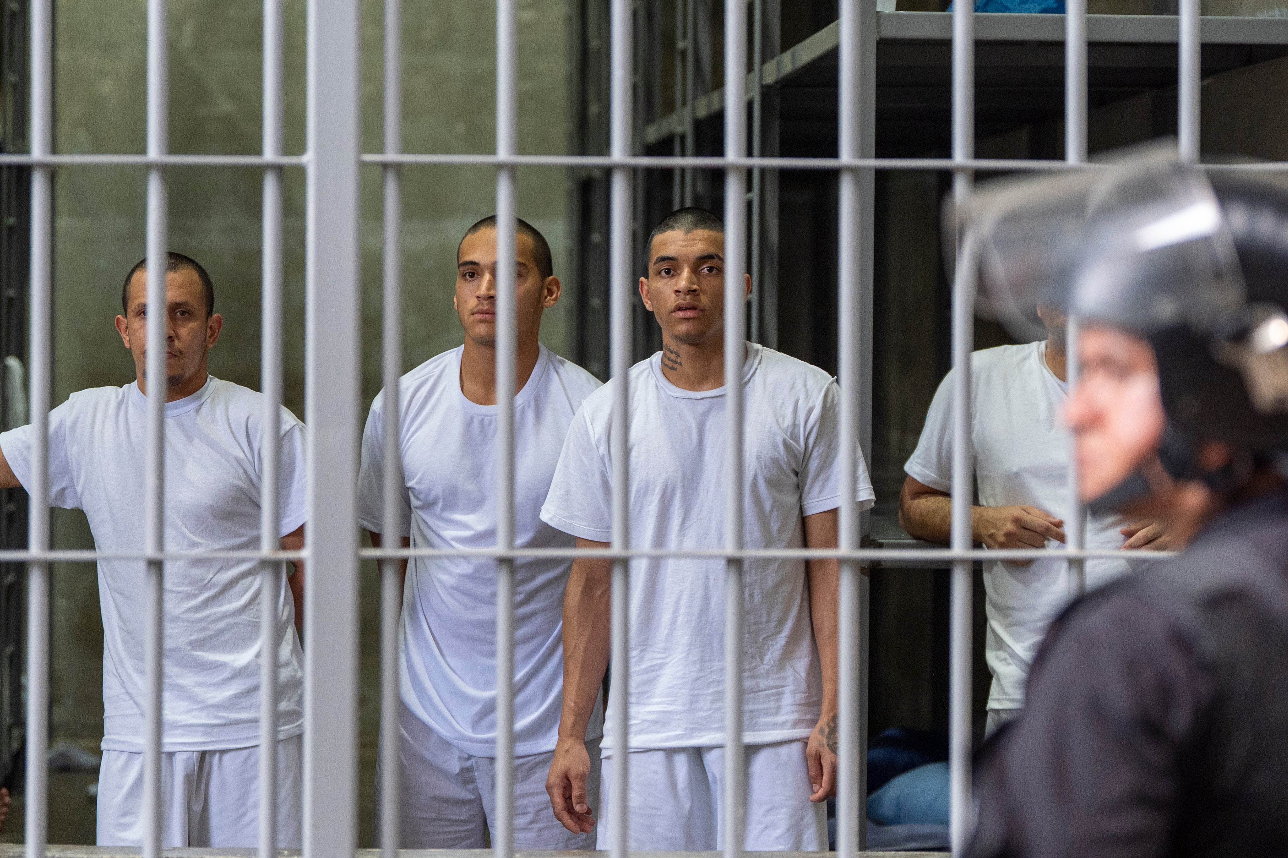 Prisoners inside El Salvador’s Terrorist Confinement Center look out from their cell as Noem tours the facility on March 26