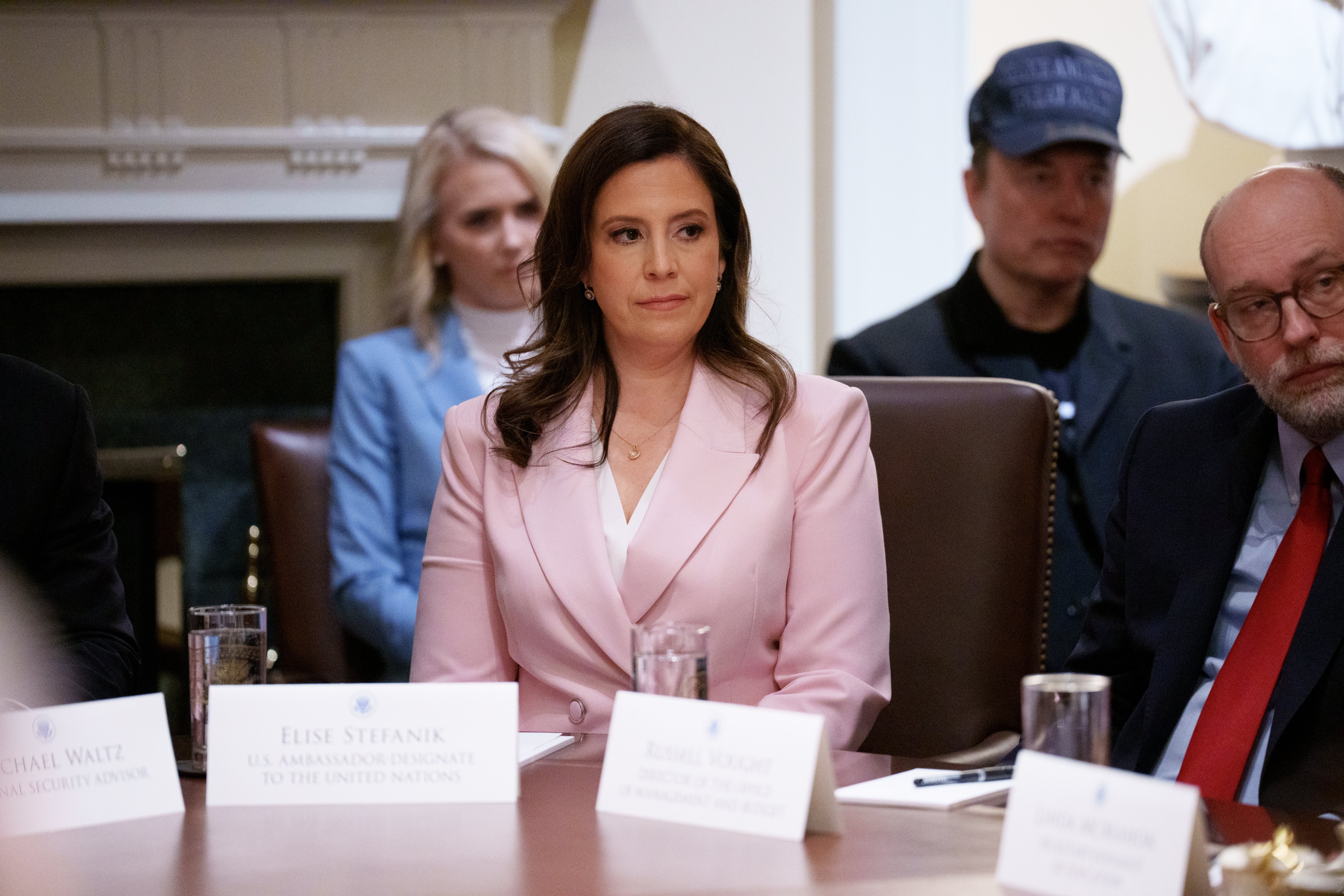 Then-U.S. Ambassador Designate to the United Nations Elise Stefanik listens during a Cabinet meeting at the White House on February 26, 2025, in Washington, DC.