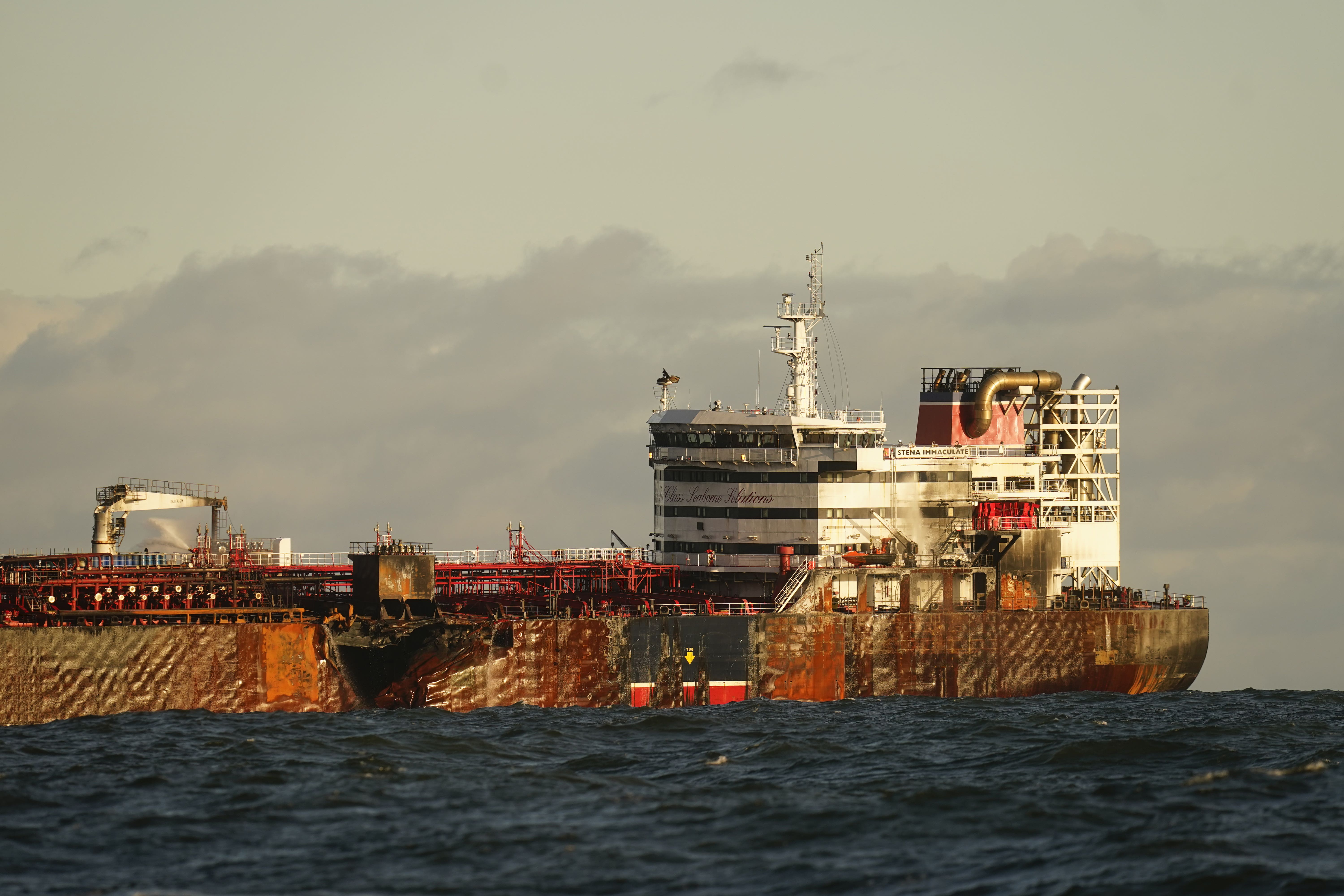 The US oil tanker MV Stena Immaculate which was struck by the Solong container ship, in the Humber Estuary, off the east coast of Yorkshire (Danny Lawson/PA)