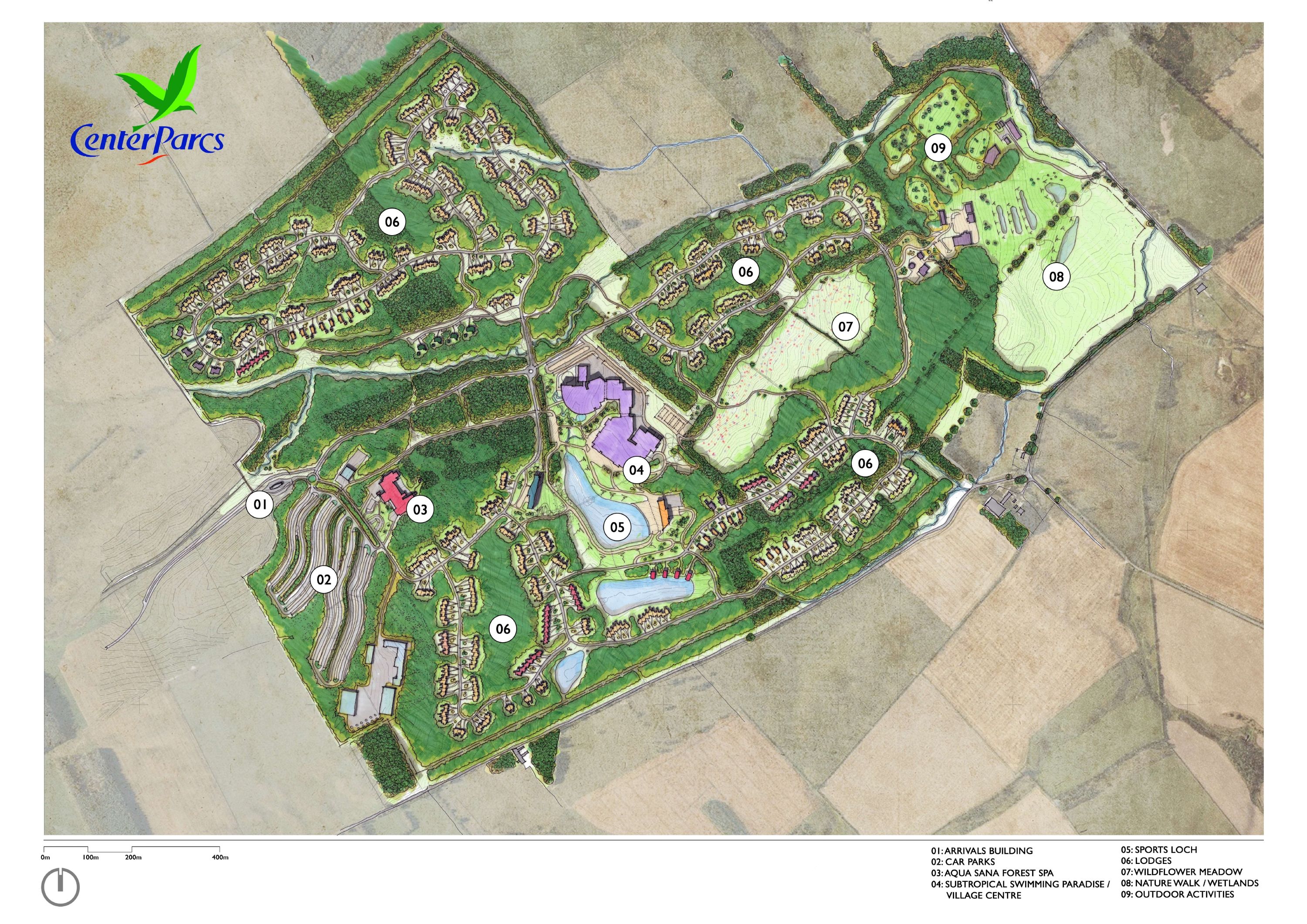 A hand-drawn masterplan of Center Park’s seventh and latest park across the UK and Ireland, with this location to be built in the Scottish Borders