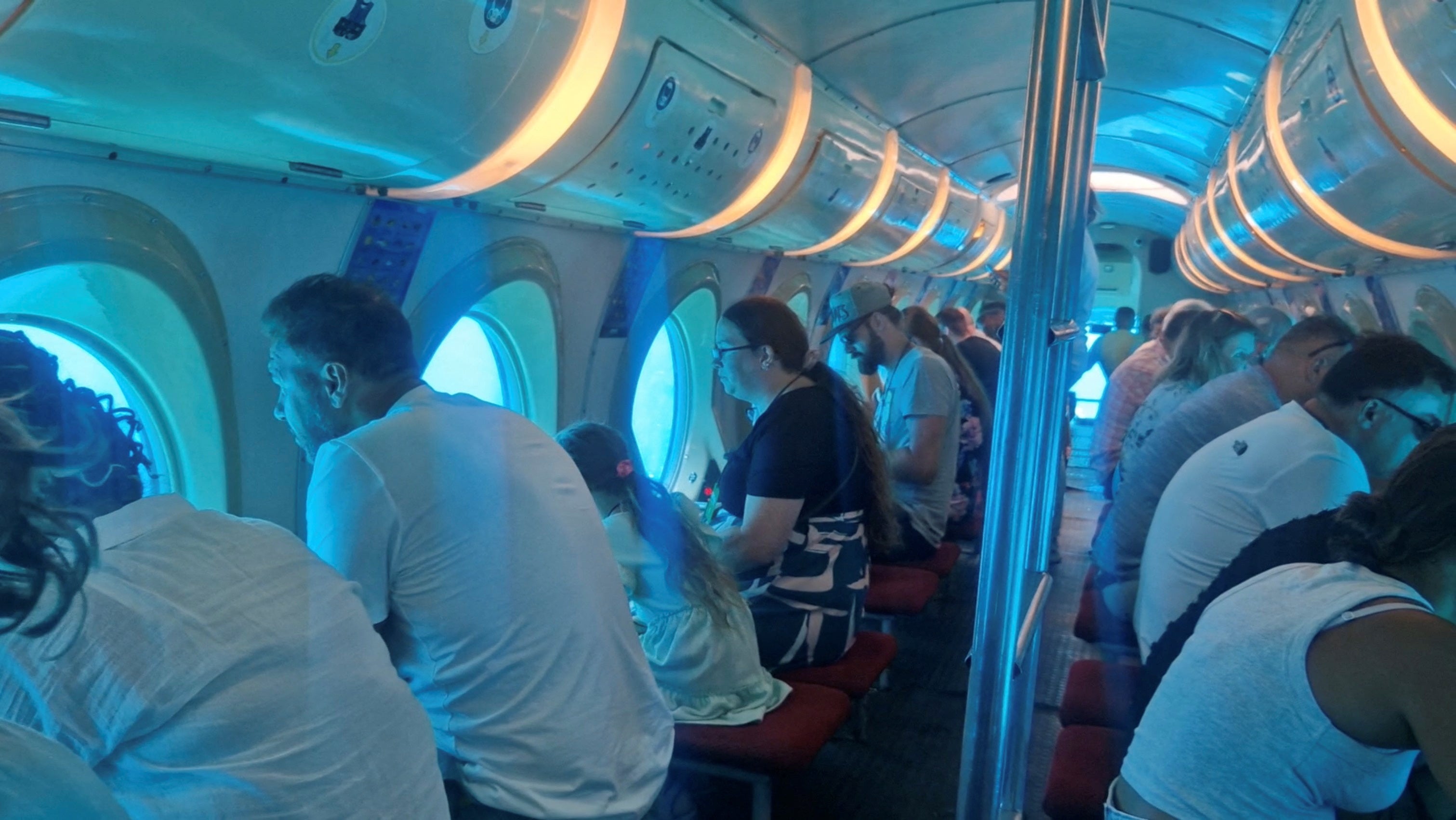 A view shows the interior of a Sindbad submarine vessel at sea off Hurghada