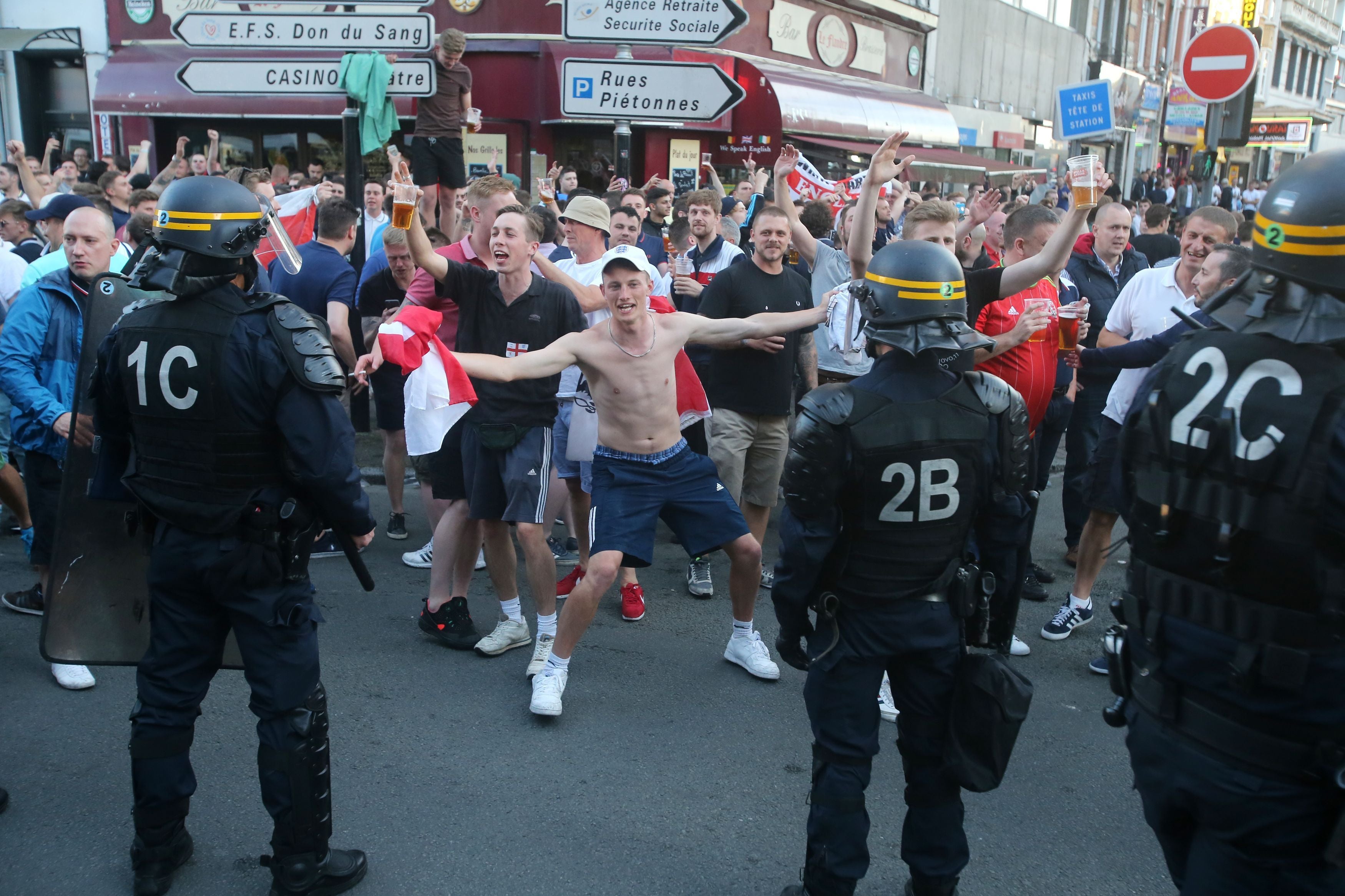 Football hooligans rioting in Lille during the 2016 Euro games