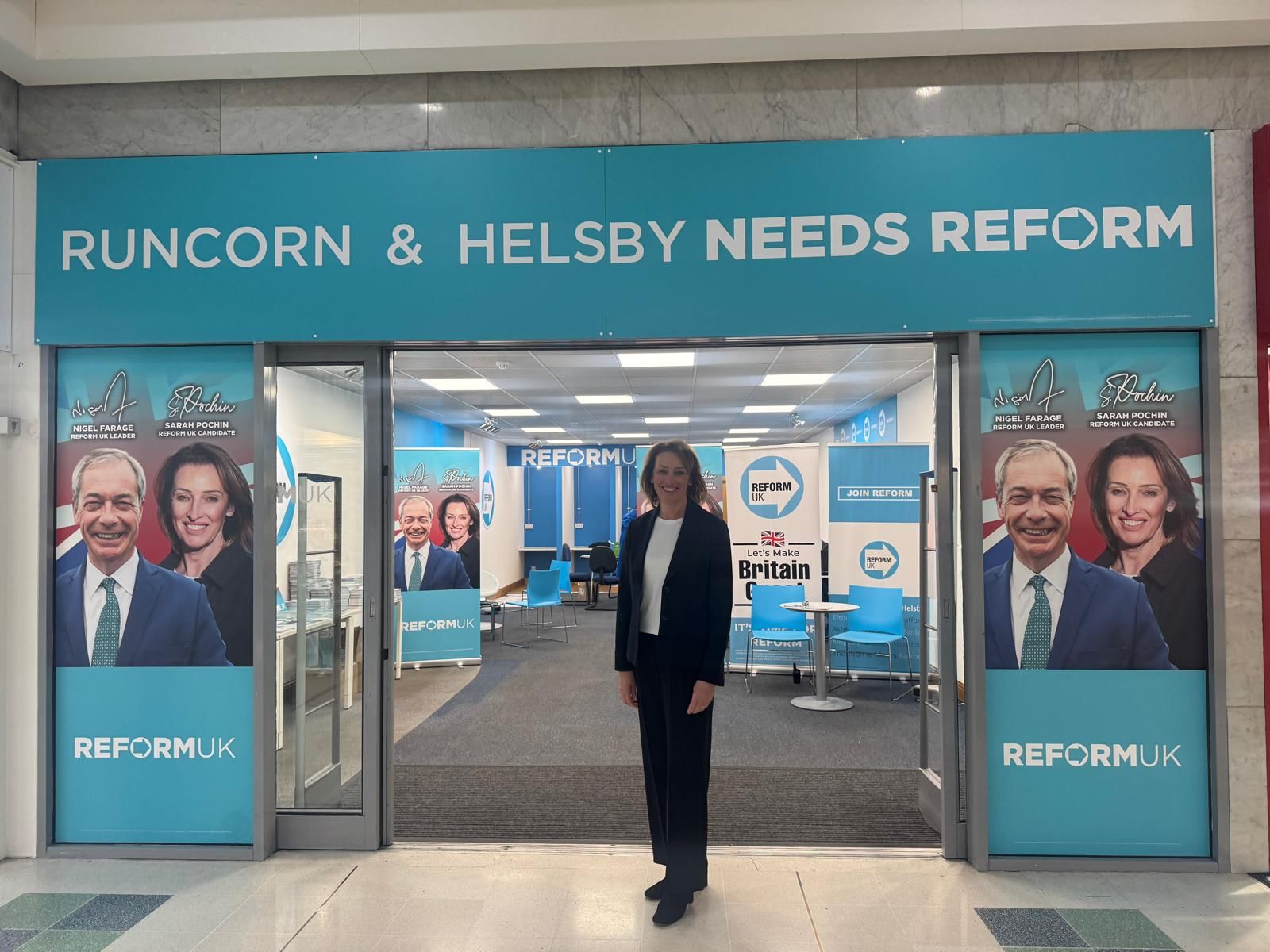 Sarah Pochin at Reform’s campaign headquarters in a shopping centre in Runcorn