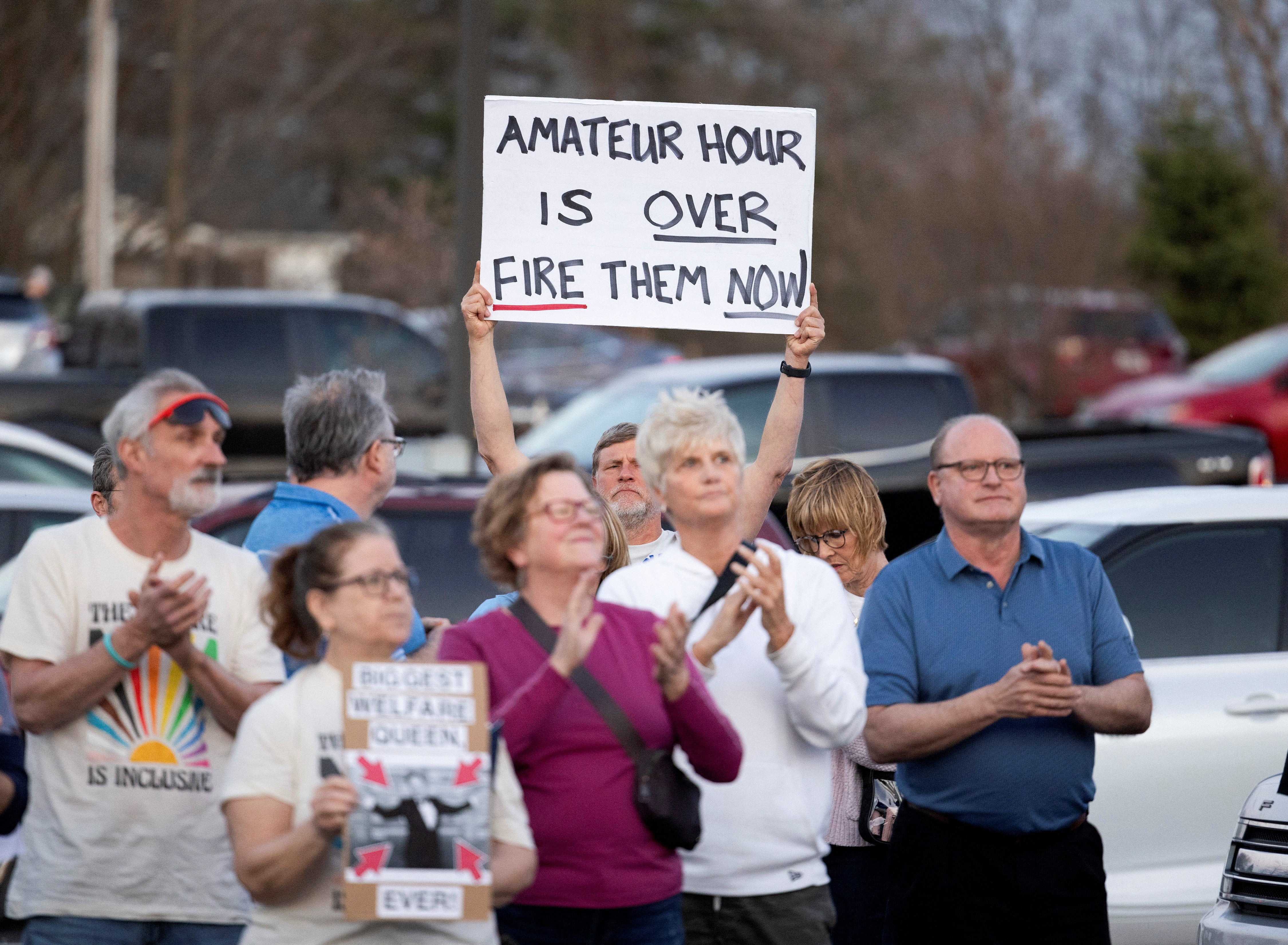 Demonstraters protest outside the venue of a townhall hosted by Victoria Spartz. The congresswoman has been a controversial figure for some time having last year faced an investigation by the House ethics committee over alleged ‘abuse’ of staffers