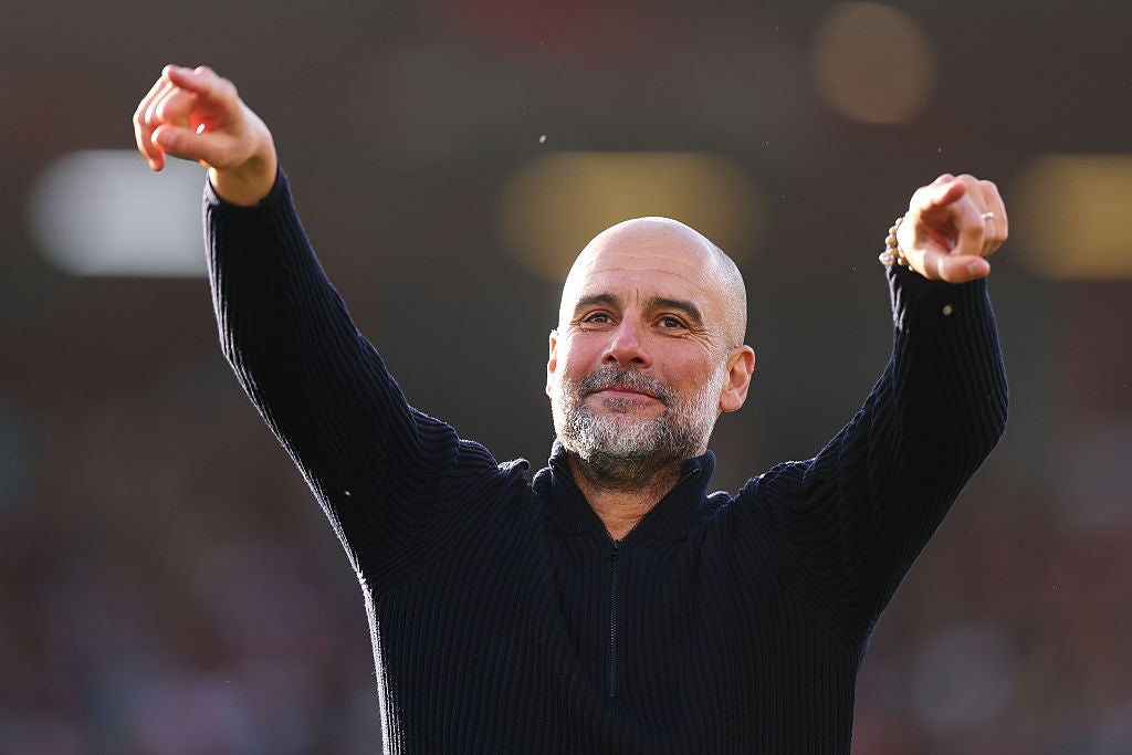 Pep Guardiola, Manager of Manchester City, celebrates victory after the Emirates FA Cup Quarter Final match between AFC Bournemouth and Manchester City at Vitality Stadium on March 30, 2025 in Bournemouth
