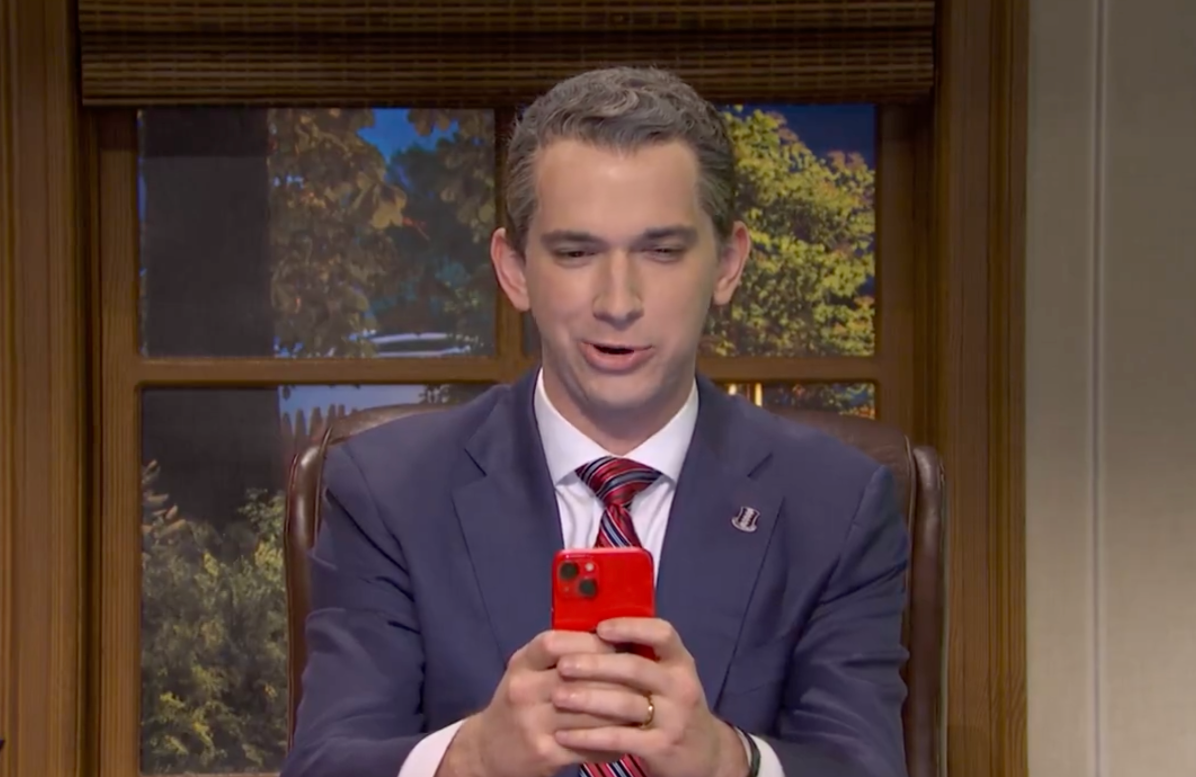 Hegseth – played by Andrew Dismukes – derailed the teenagers’ conversation before adding other senior officials including JD Vance (Bowen Yang) and Marco Rubio (Marcello Hernandez)